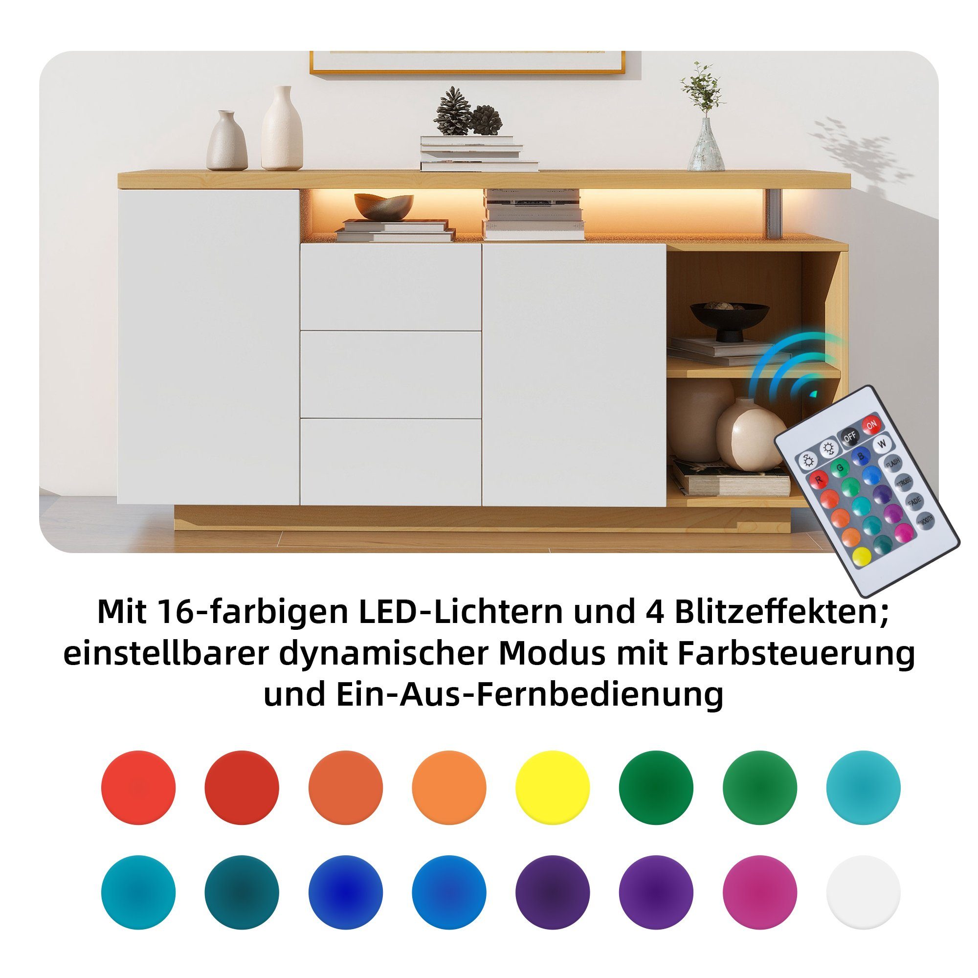 Merax Sideboard mit 3 Schubladen und 2 Türen, Kommode mit verstellbaren Einlegböden und offenen Fächer,Anrichte – Bild 4 von 5