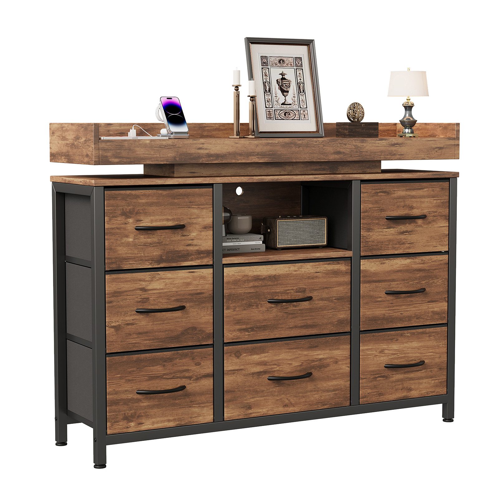 FUROKOY TV-Schrank Kommode mit 8 Schubladen aus Stoff (Fernsehschrank Sideboard Metallgestell, Industrie-Design) für Schlafzimmer Wohnzimmer Flur, 108 x 30 x 82 – Bild 2 von 5