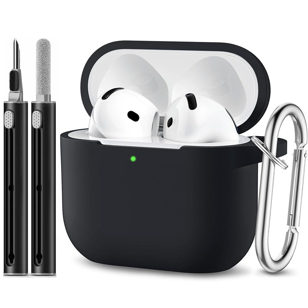 TUWENA Kopfhörer-Schutzhülle Silikon Hülle Kompatibel mit AirPods 4, mit Reinigungsset & Karabiner, Support Wireless Charging and Front LED Visible mit Schlüsselring