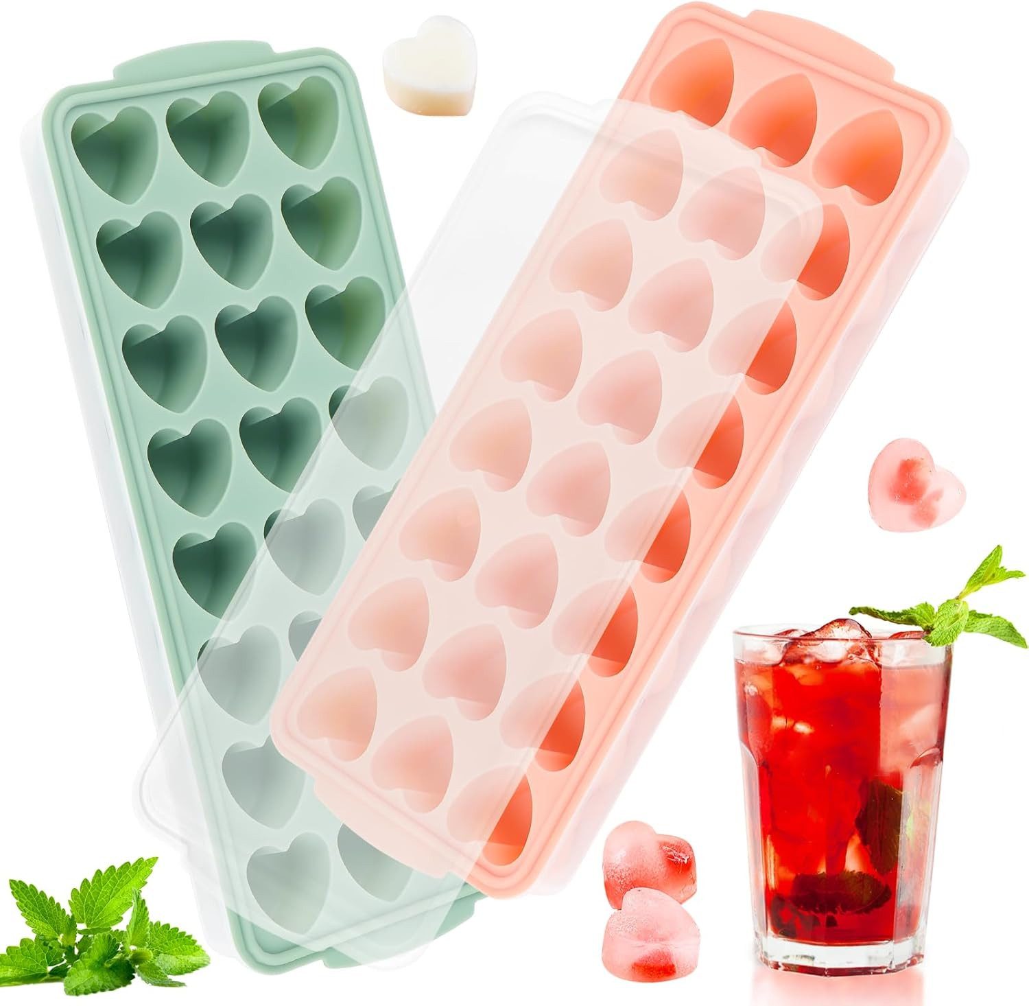 FOUORTUNATE-BEE Eiswürfelform 2er Set Herzförmige Silikon-Eiswürfelformen mit Deckel, (2-tlg), Herz Eiswürfel für Cocktails & Whisky, kleine Silikonform