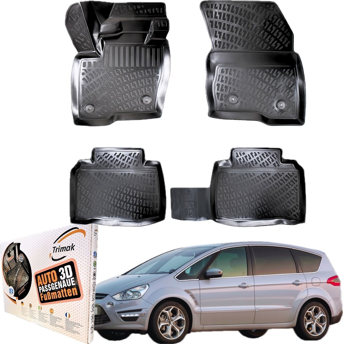 Trimak Auto-Fußmatte Kompatibel mit Ford S-MAX 2015-2023 3D Auto Gummimatten, Ford S-MAX 2015-2023 Gummimatten Auto TPE Allwetter Fussmatten