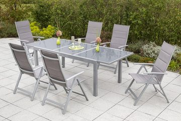MERXX Garten-Essgruppe Taviano, (Set, Tisch, 6 Sessel, Aluminium mit Textilbespannung, Sicherheitsglas), Sessel in Sitz und Rücken gepadded