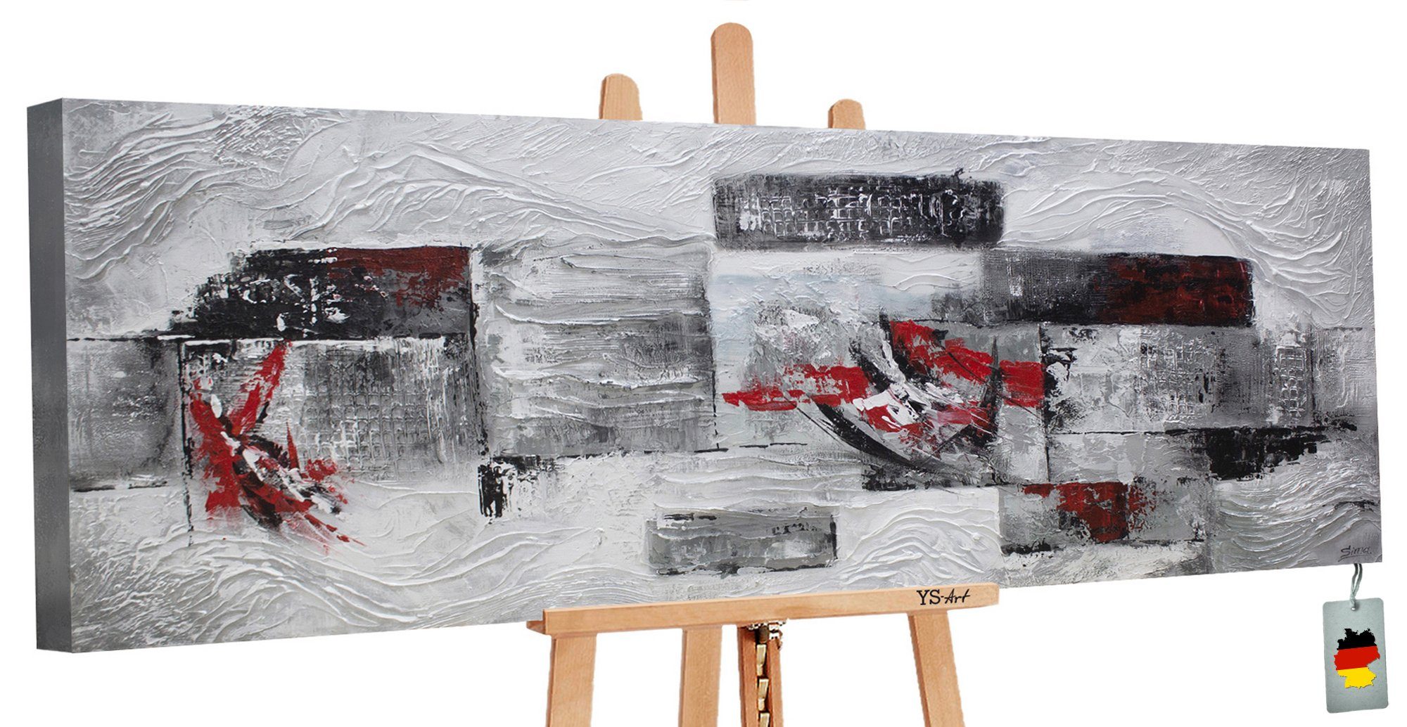 YS-Art Gemälde Abstraktion IV, Abstrakt, Leinwand Bild Handgemalt Abstrakt Rot Grau Kästchen