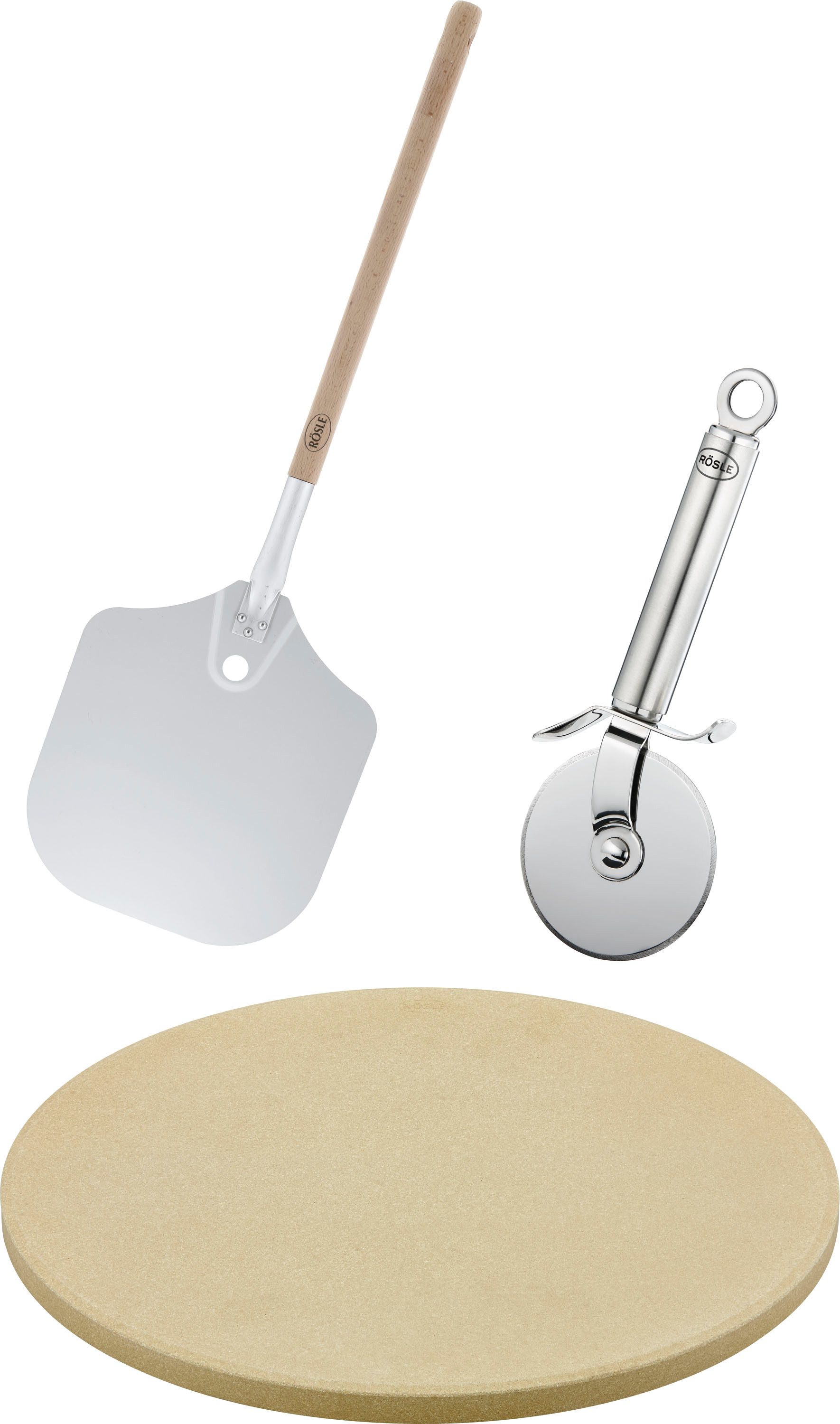 RÖSLE Pizzastein Barbecue Pizza-Set, Schamottstein, 3-tlg., inkl. Pizzaschieber und Pizza- und Flammkuchenschneider