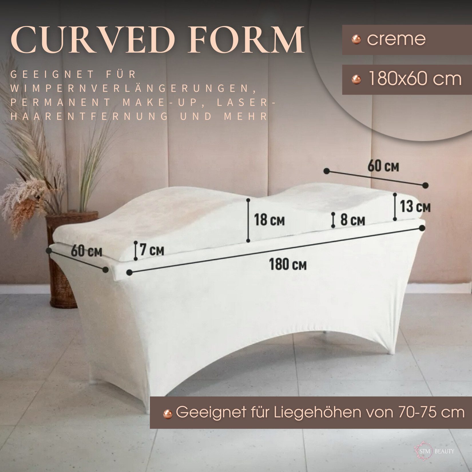 STM Company Massageliege Wave Matratze (Curved topper) mit Memory Foam, Liegenbezug, Set (180x60 / 190x70 cm, für Wimpernverlängerungen, PMU), für Kosmetikliege, Behandlungsliege, Wimpermstudio