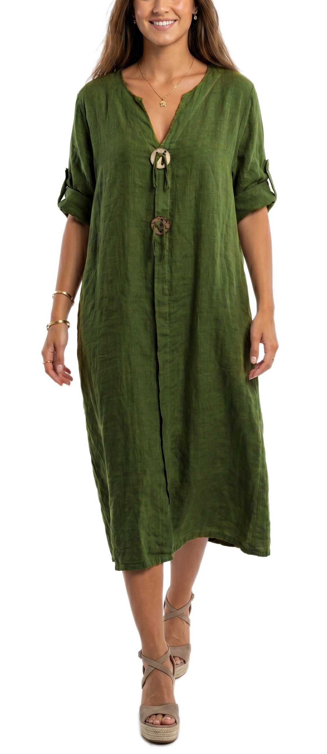 dy_mode Hemdblusenkleid Damen Leinenkleid Midi Hemdblusenkleid mit V-Ausschnitt Freizeitkleid in Unifarbe, V-Ausschnitt, mit seitlichen Eingriffstaschen