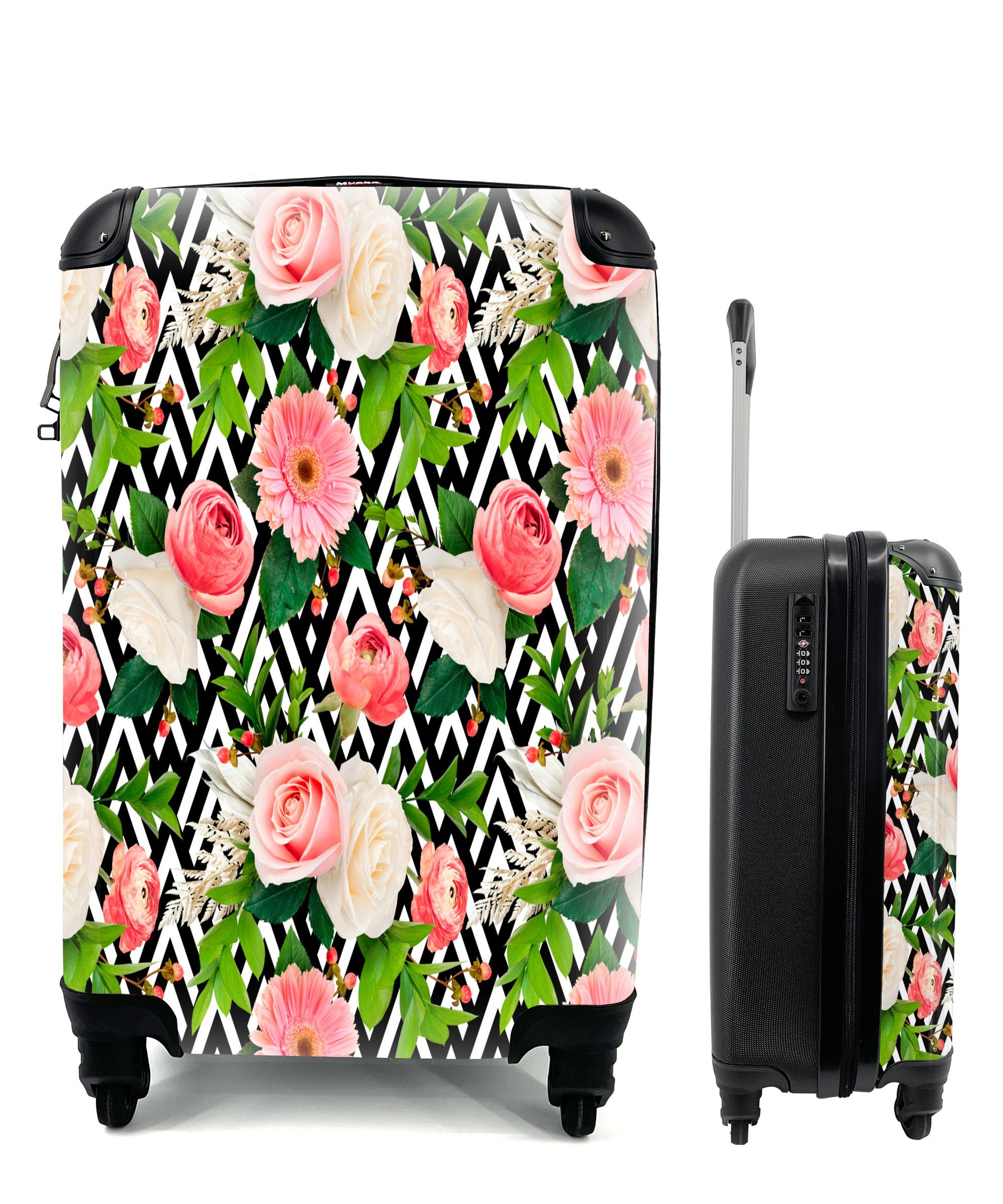 rollen, Ferien, Rosen Trolley, 4 Rollen, MuchoWow Rosa, - - mit Reisekoffer Reisetasche für Handgepäck Blumen Handgepäckkoffer