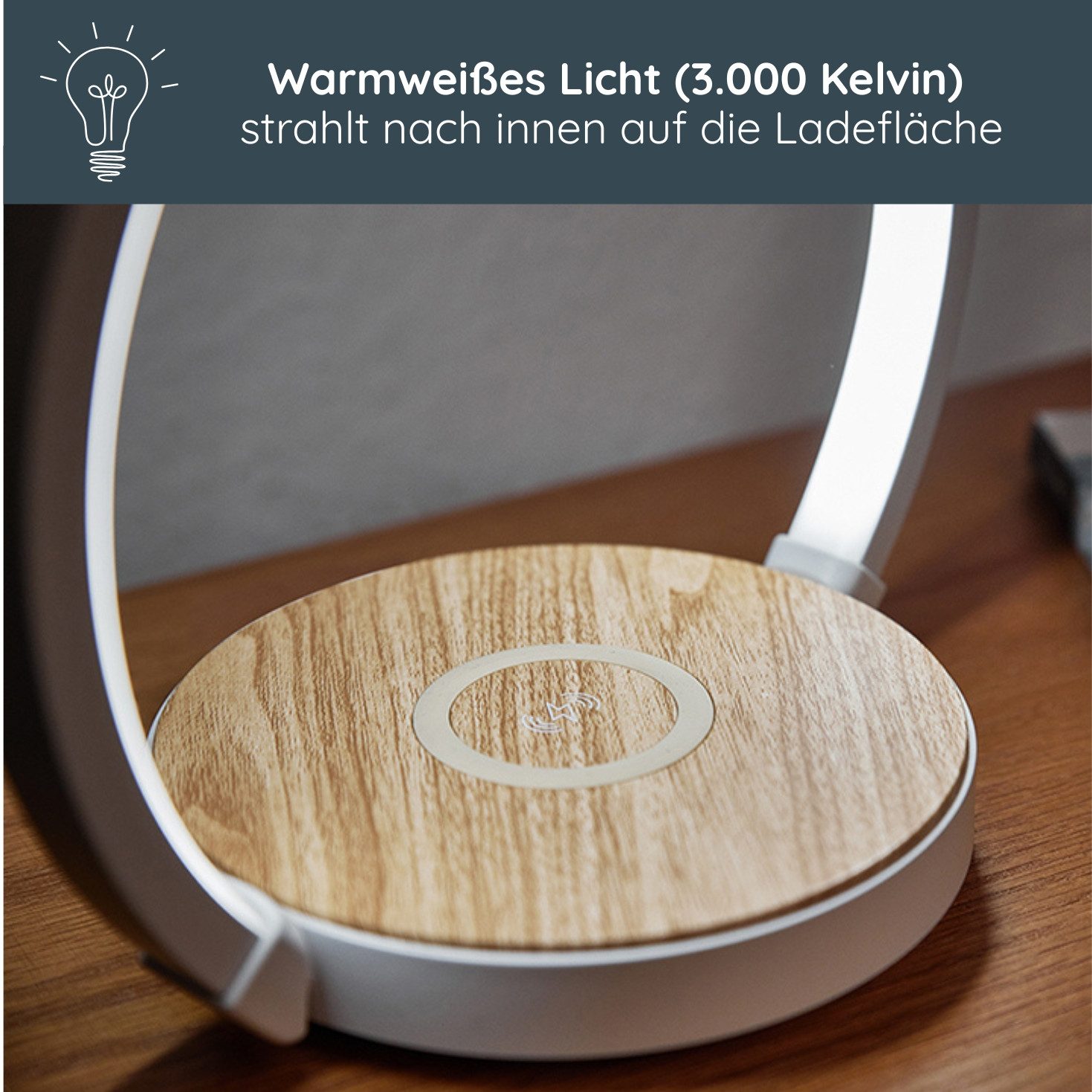 MeLiTec LED Tischleuchte LightBase QI, warmweiß, induktives Laden, Nachttischlampe modern, warmweiß, Ring, weiß/Holz