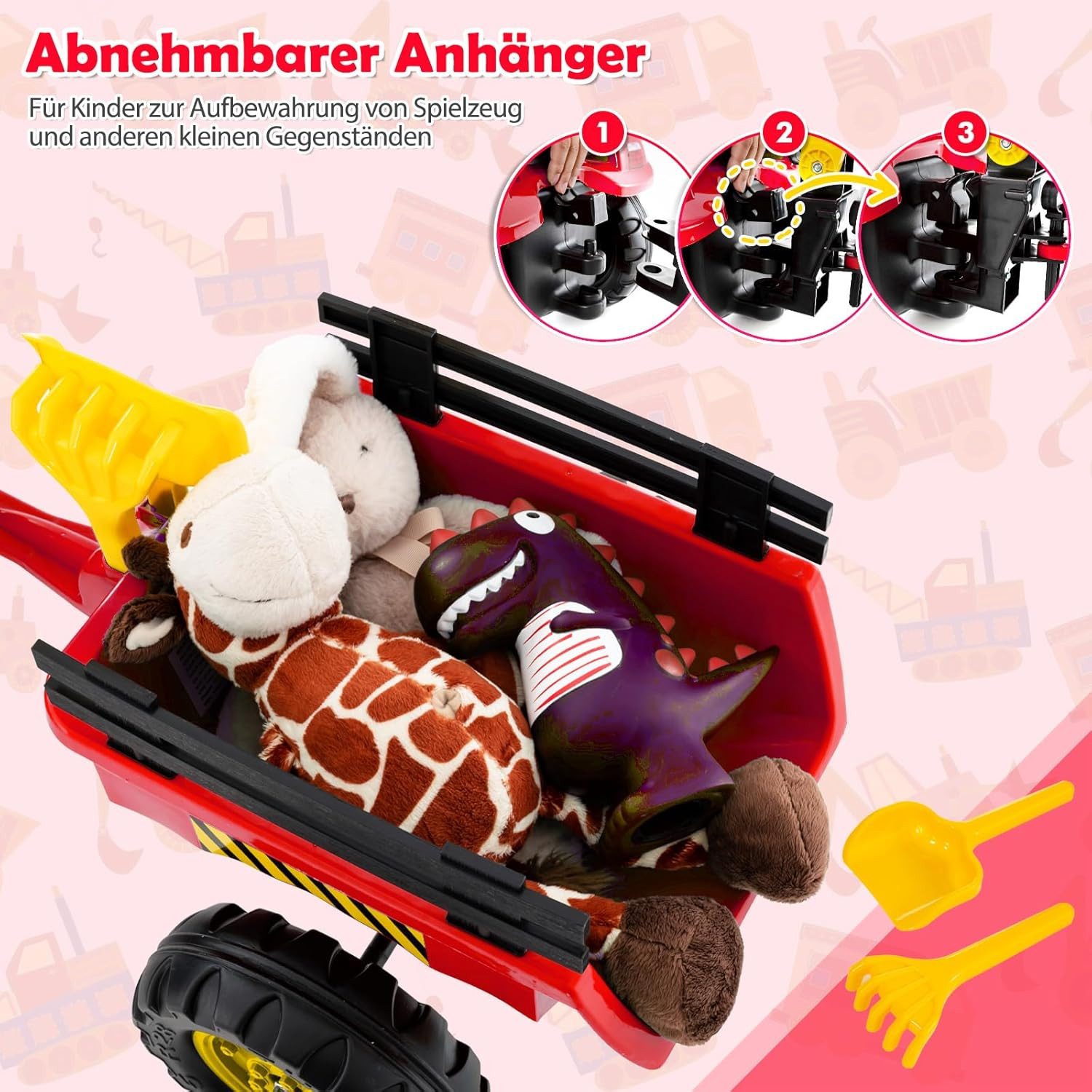 KOMFOTTEU Trettraktor 3 in 1 Kindertraktor, mit 6 Rädern & Verstellbarer Grabschaufel & abnehmbarem Anhänger