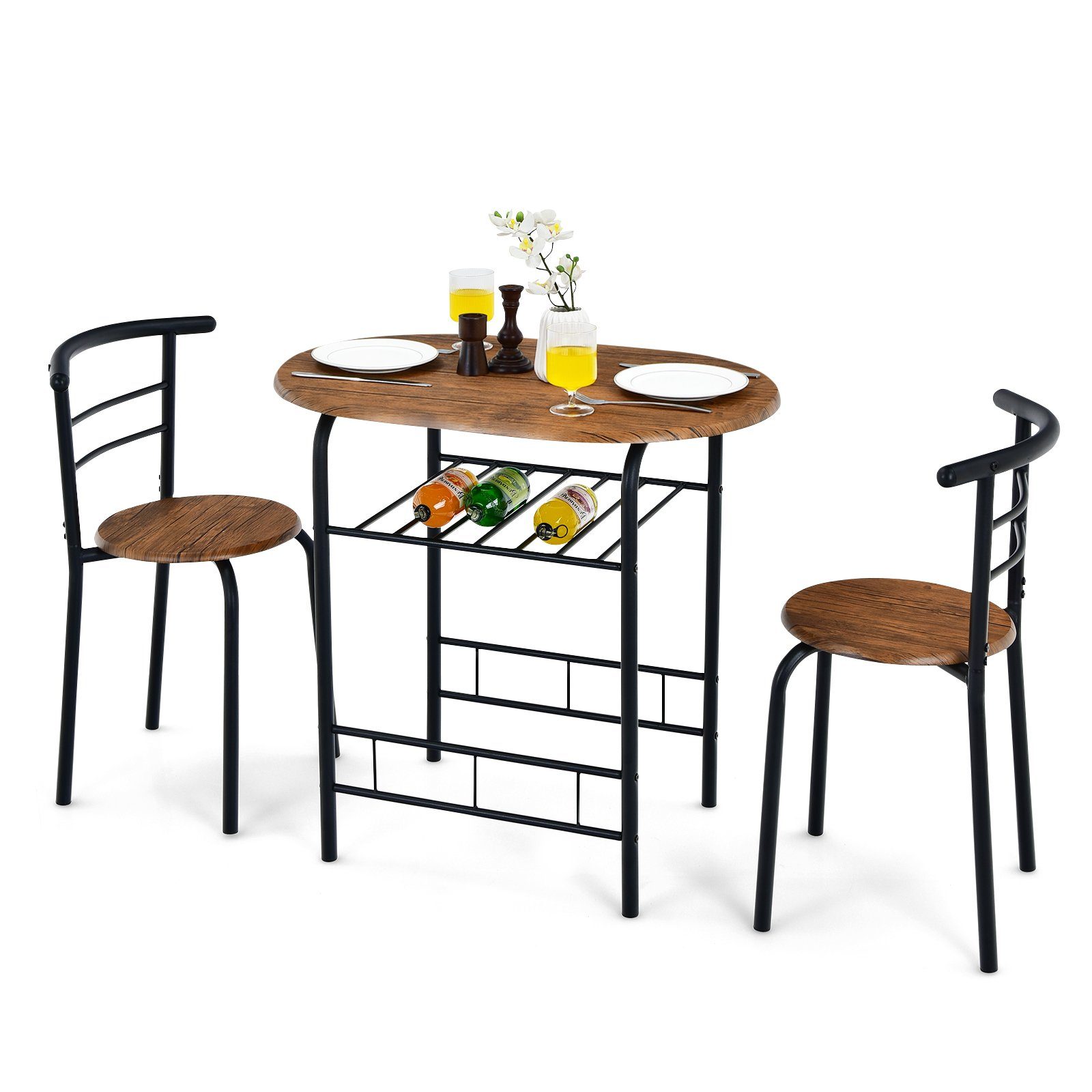 COSTWAY Küchentisch, mit Stühlen für 2, Esspruppe mit Stauraum, platzsparend Braun | Esstische