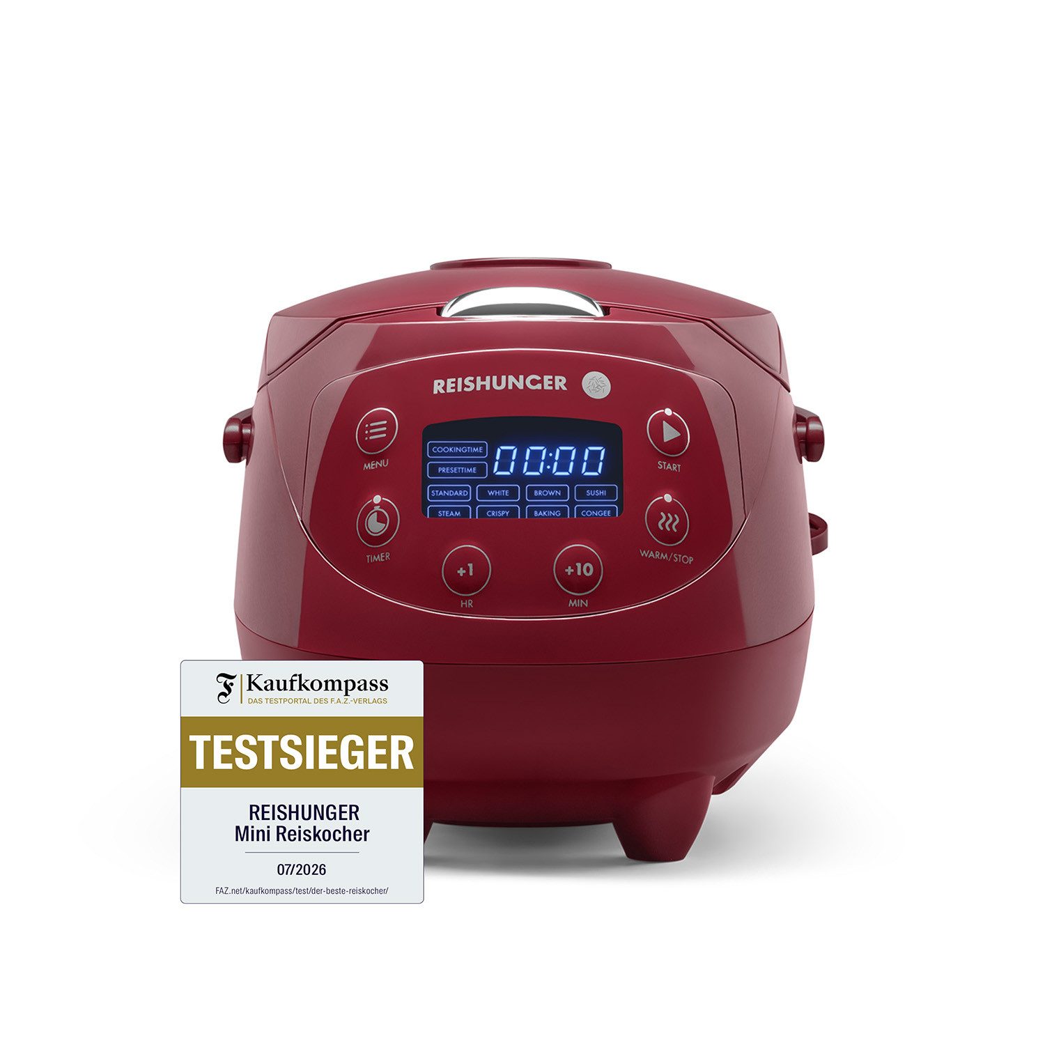Reishunger Reiskocher Digital Mini – 0,6 L – Multikocher – 8 Programme – Keramikbeschichtung, 350 W, Dämpfeinsatz, Messbecher, Reislöffel, Timer- und Warmhaltefunktion