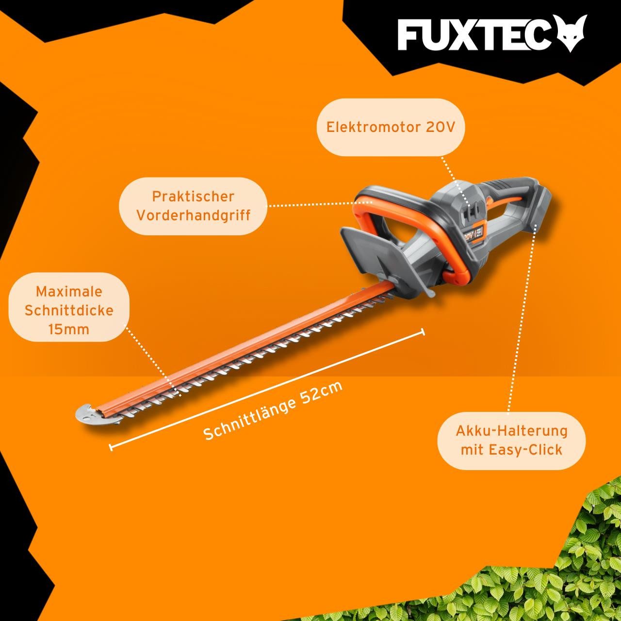 FUXTEC Akku-Heckenschere FX-E1HS20, 2Ah-Akku, 52cm Arbeitsbereich, 20V, bis zu 28mm Astdicke