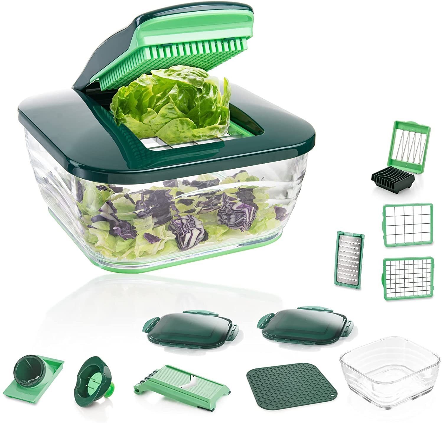 Genius Gemüseschneider Genius Nicer Dicer Chef (18-teilig) Gemüseschneider mit Glasschüssel, 18tlg. Würfelschneider, Auffangbehälter 3300ml, Glasschüssel 2800ml