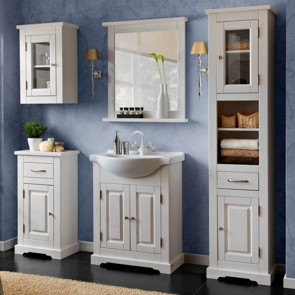 Lomadox Hängeschrank LIRIA-56 Wandschrank Badschrank 45cm breit Massivholz weiß gebleicht Landhaus