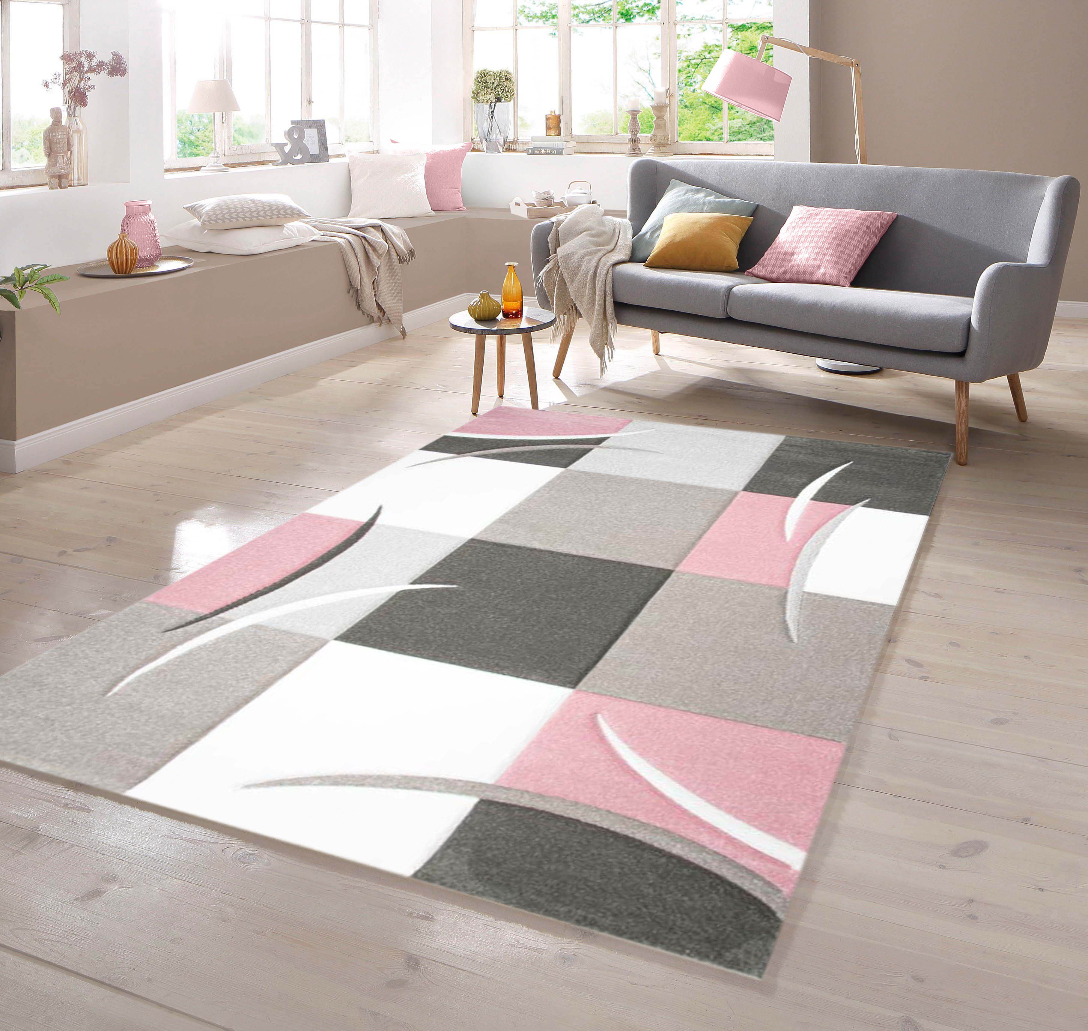 TeppichHome24 Teppich Designer Teppich mit Konturenschnitt in Rosa Creme Beige Dunkelgrau, rechteckig