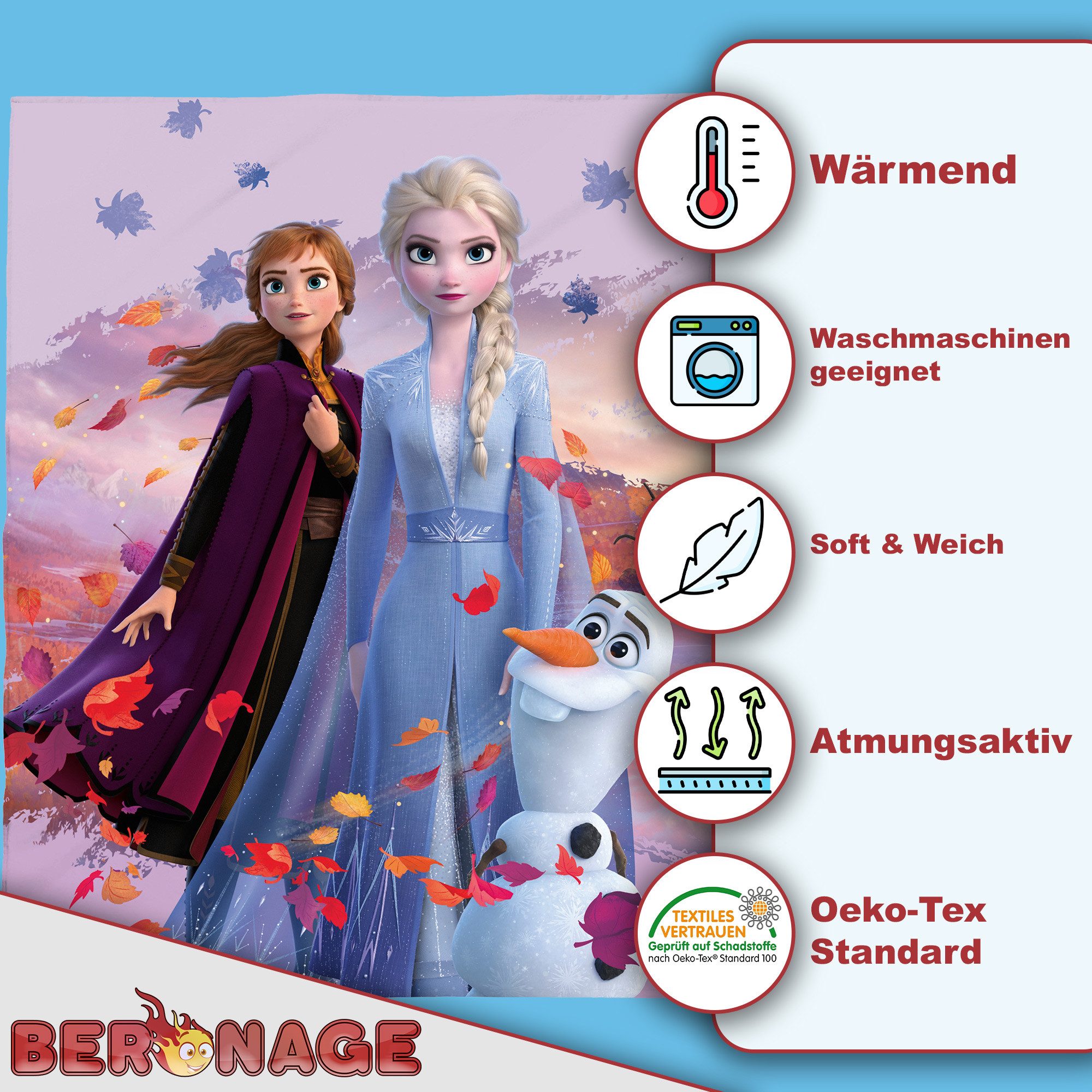 BERONAGE Tagesdecke Frozen Die Eiskönigin Decke Dreamteam 130x170 cm Kuscheldecke, passend zur Bettwäsche, ideal für Sofa, Couch, Bett, Auto, Camping