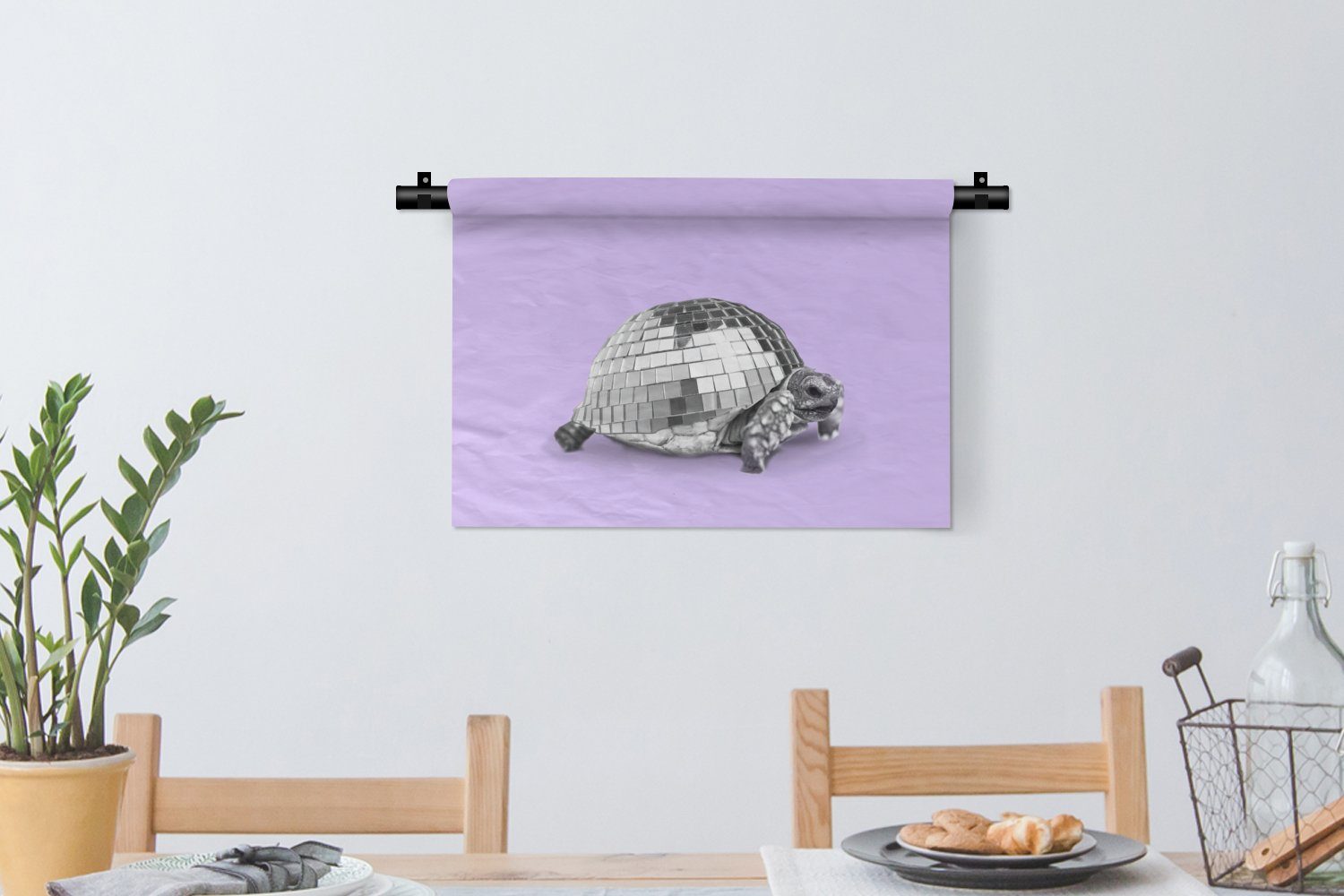 Schildkröte Disco für Wanddekoobjekt Schlafzimmer, Discokugel - MuchoWow Tier Kinderzimmer Lila, Wohnzimmer, - - Wandbehang, Kleid, Wanddeko -