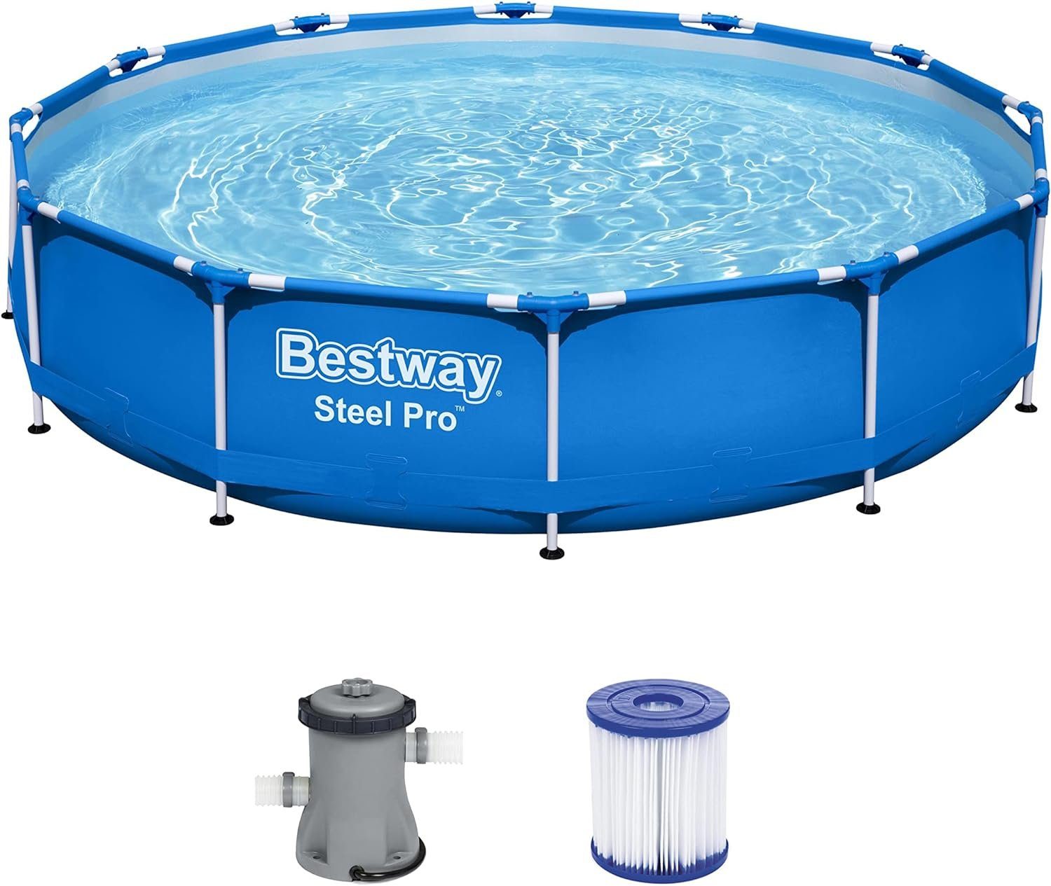 Bestway Rundpool Steel Pro Frame Pool-Set mit Filterpumpe, Ø 366 x 76 cm, blau, rund