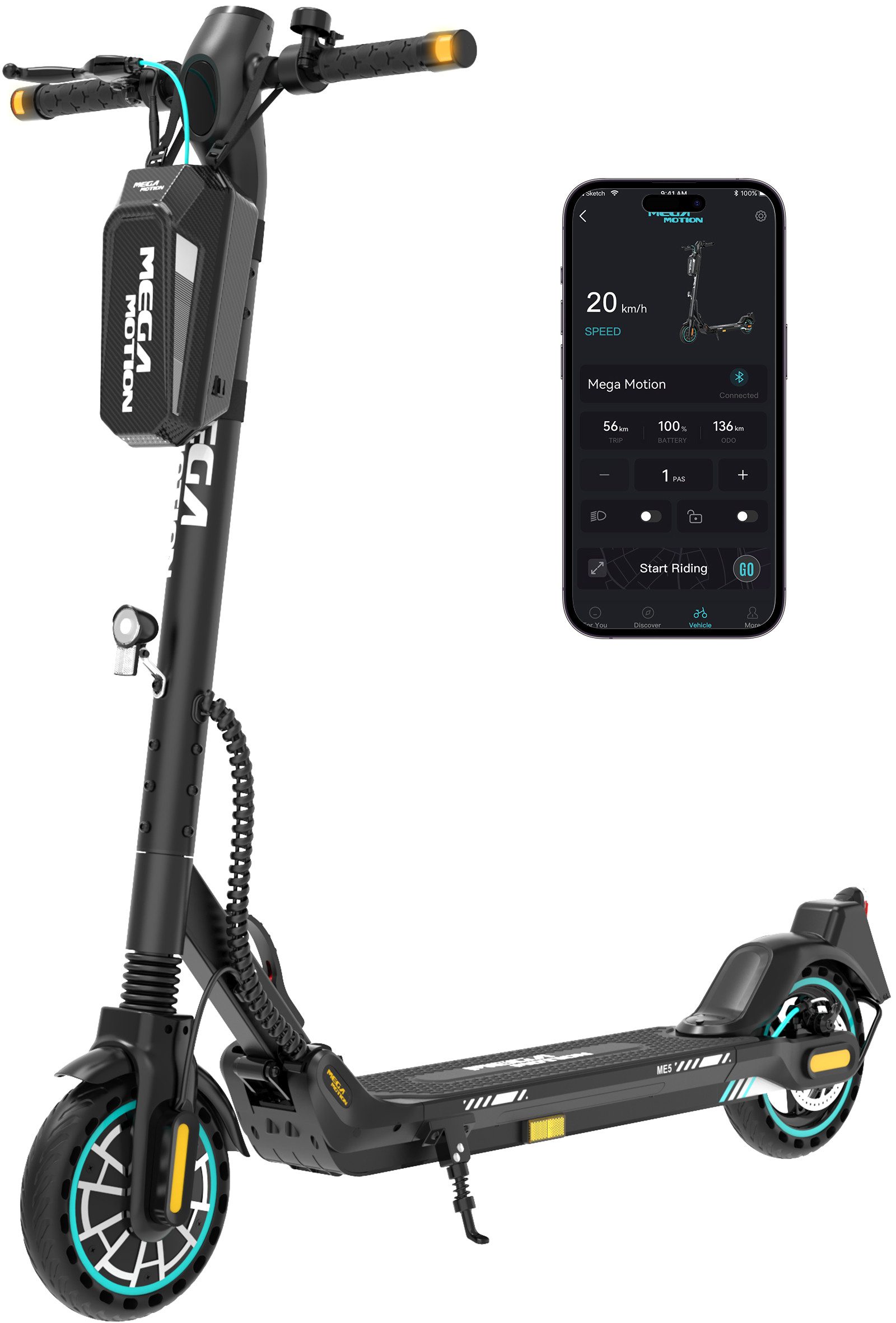 Mega Motion E-Scooter 8,5 Zoll Elektroroller, Max.35km mit Straßenzulassung ABE, 20 km/h, (Mit Schutzblechen und Aufbewahrungstasche), mit Lenker-Blinkern und APP klappbar für Erwachsene