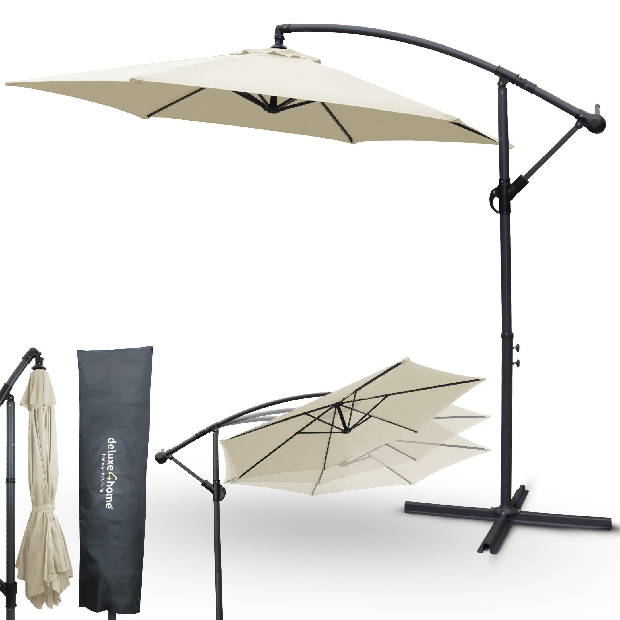 deluxe4home Sonnenschirm Ampelschirm Ø270 cm mit Ständer & Schutzcover I Terrassenschirm, Mit Handkurbel