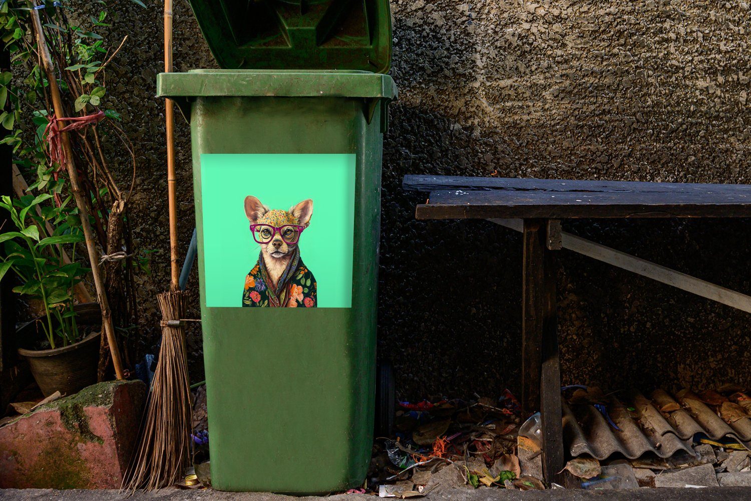 MuchoWow Wandsticker Brille - Mülltonne, Chihuahua Mülleimer-aufkleber, - Abfalbehälter Hund Blumen (1 - Container, Sticker, - St), Tier