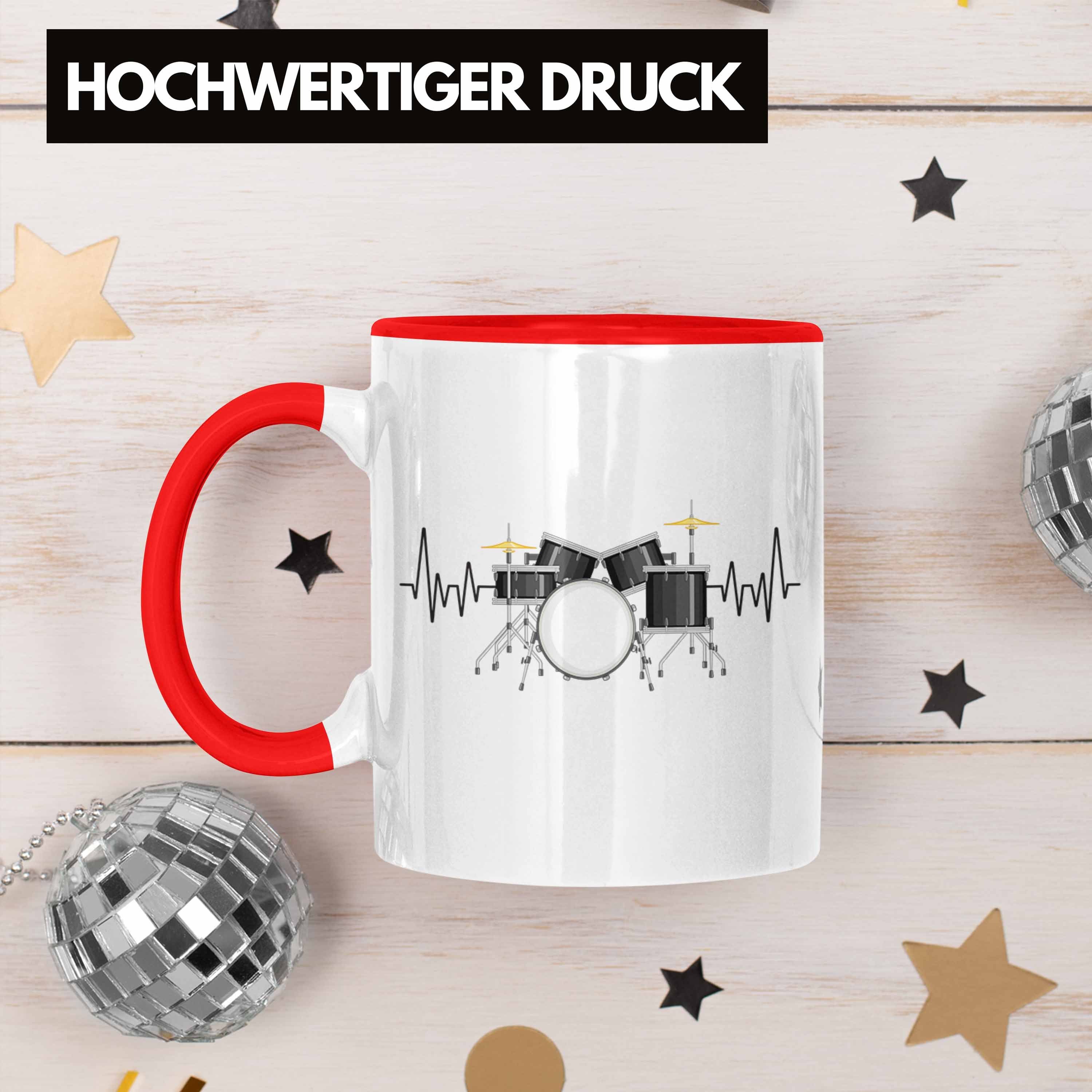 Trendation Tasse Rot für Geschenk Schlagzeug-Spiel Tasse Schlagzeug Herzschlag - Trendation