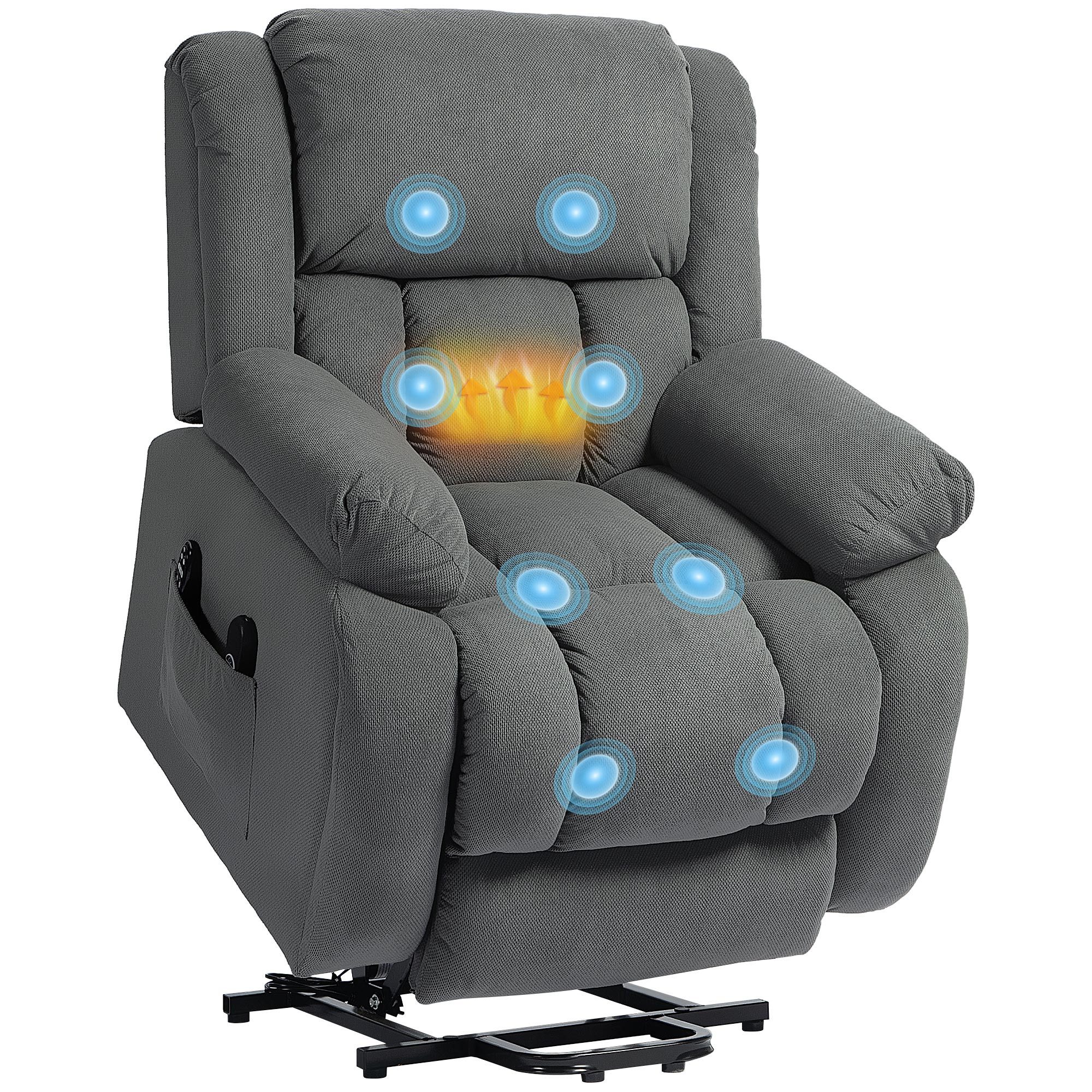HOMCOM Relaxsessel mit Liegefunktion, Massagefunktion, USB-Abschluss (TV-Sessel mit Heizfunktion, 1-St., Fernsehsessel mit Aufstehhilfe Elektrisch), mit Fernbedienung und Seitentasche, Grau