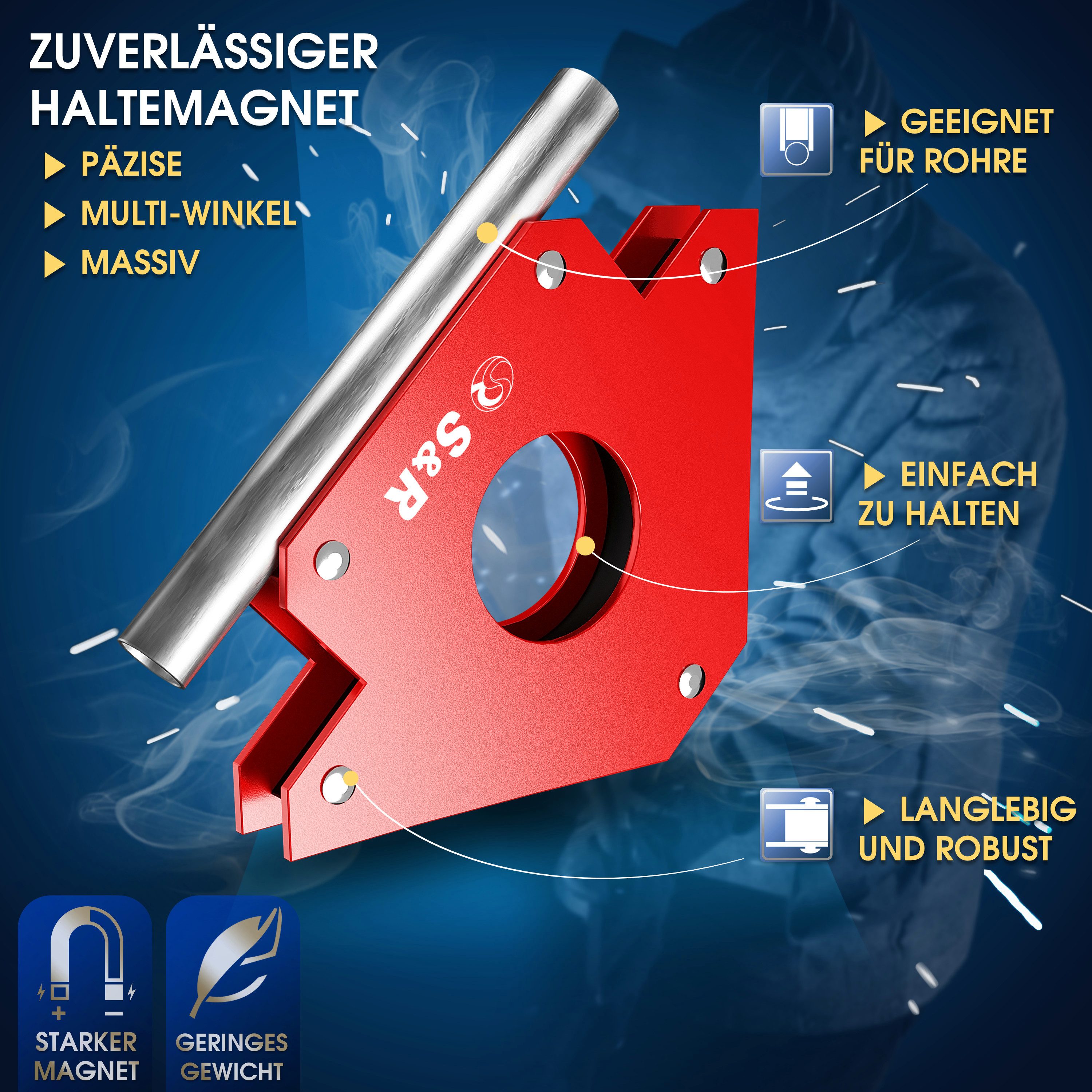 S&R Magnet-Schweißwinkel 125 mm Montagewinkel in Pfeilform mit Winkeln 45°, 90°, 135°, (1-St), Schweißhelfer mit hoher Haltekraft, für Werkstücke von 17 Kg pro Seite