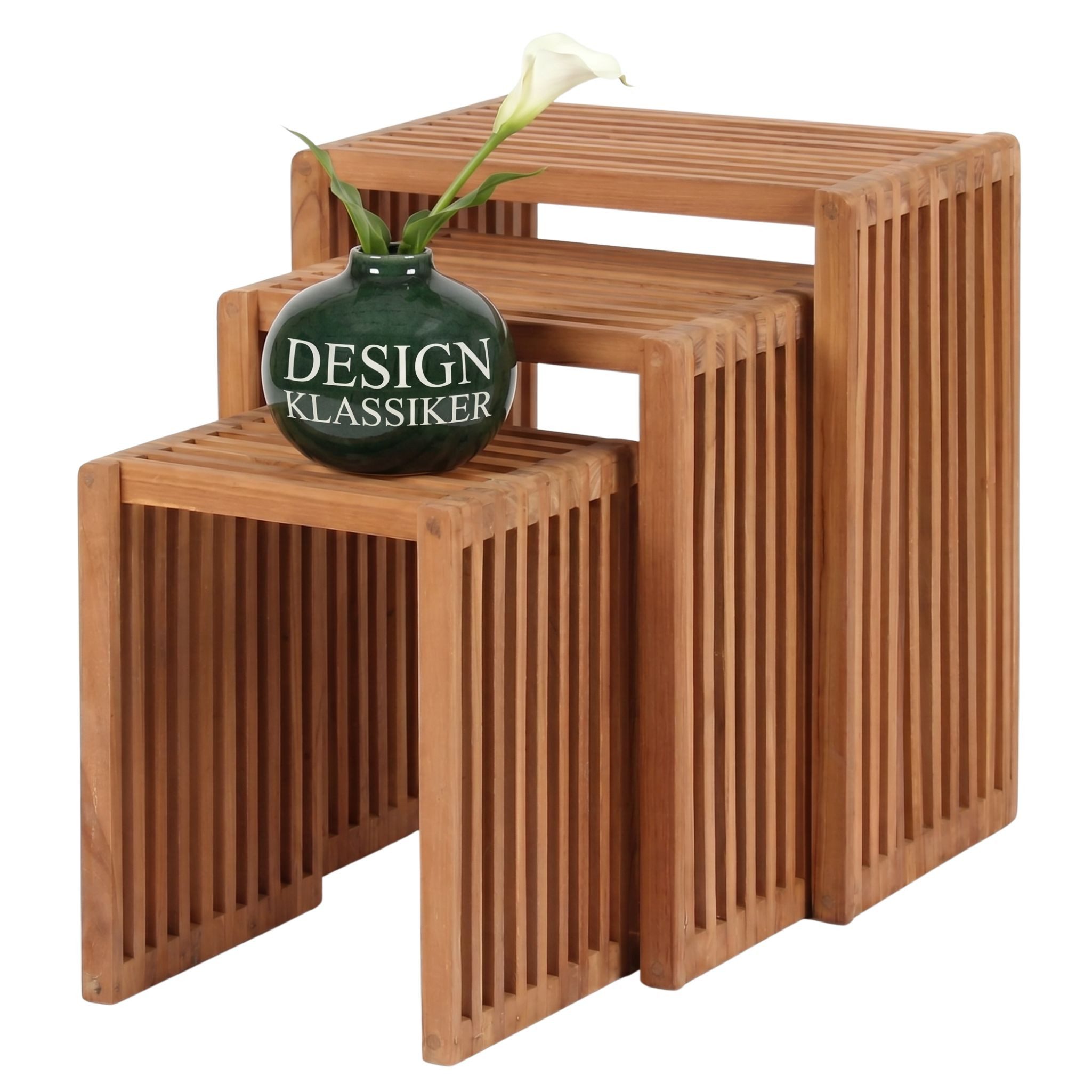 MR.DEKO Beistelltisch Teak 3er Set Holztisch natur 45x32x50cm ineinanderschiebbares Tischset (3-teiliges Beistelltisch Set aus Massivholz, 3-St), Beistelltische naturbelassen, wetterfest & stabil