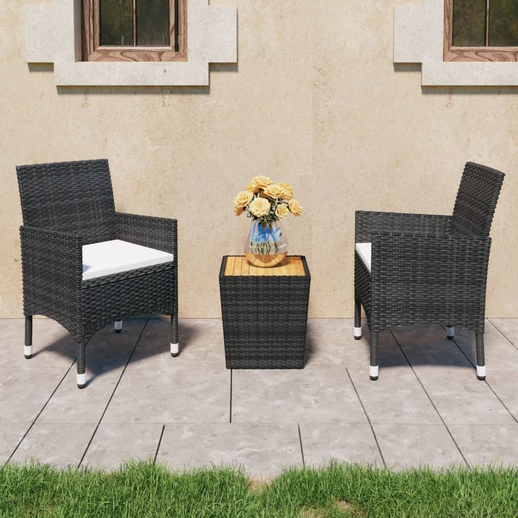 vidaXL Gartenlounge-Set 3-tlg. Bistro-Set Poly Rattan und Akazienholz Schwarz, (1-tlg)