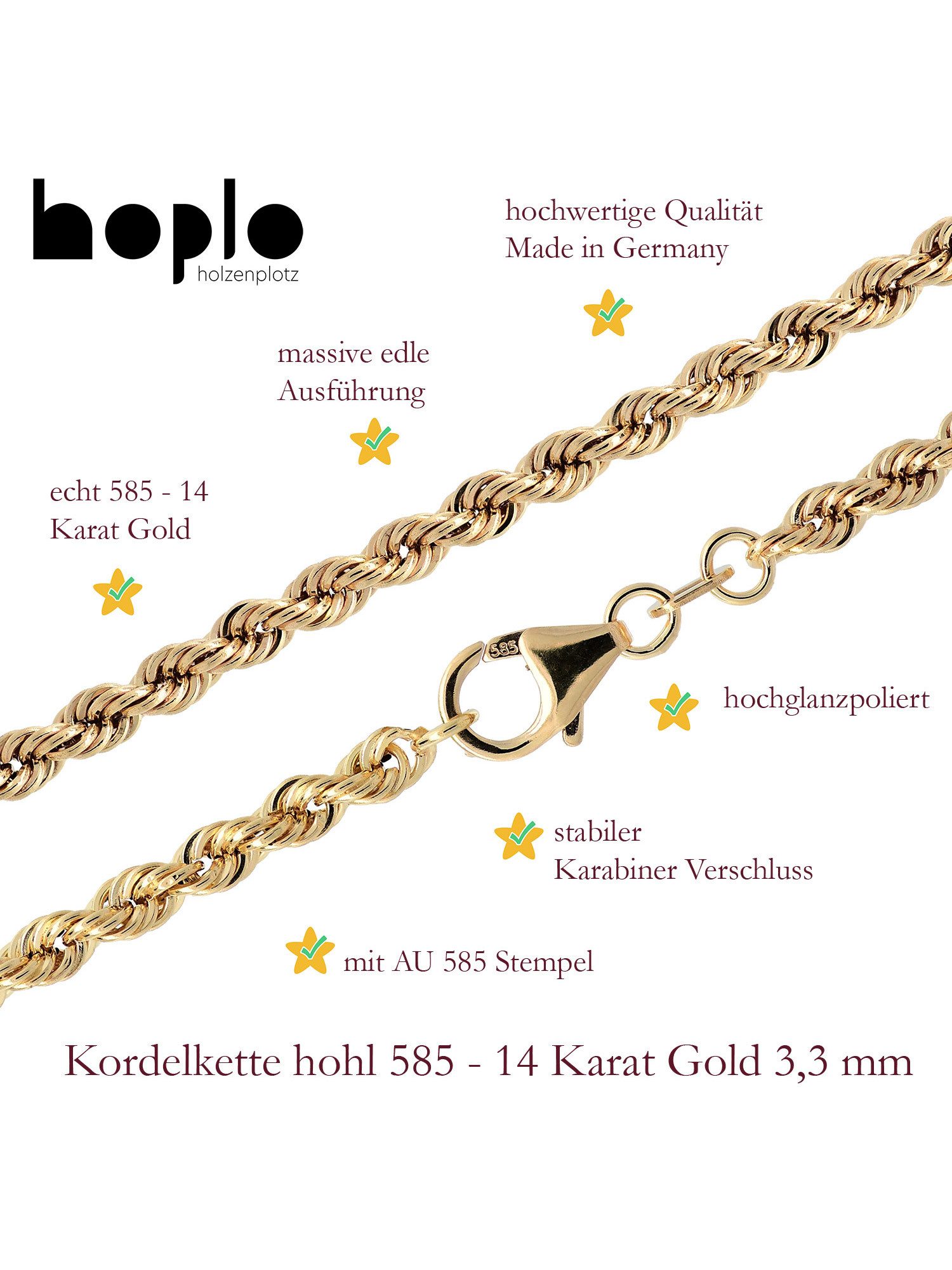 HOPLO Goldkette Goldkette Kordelkette Länge 19 cm - Breite 3,3 mm - 585-14 Karat Gold, Made in Germany – Bild 4 von 5