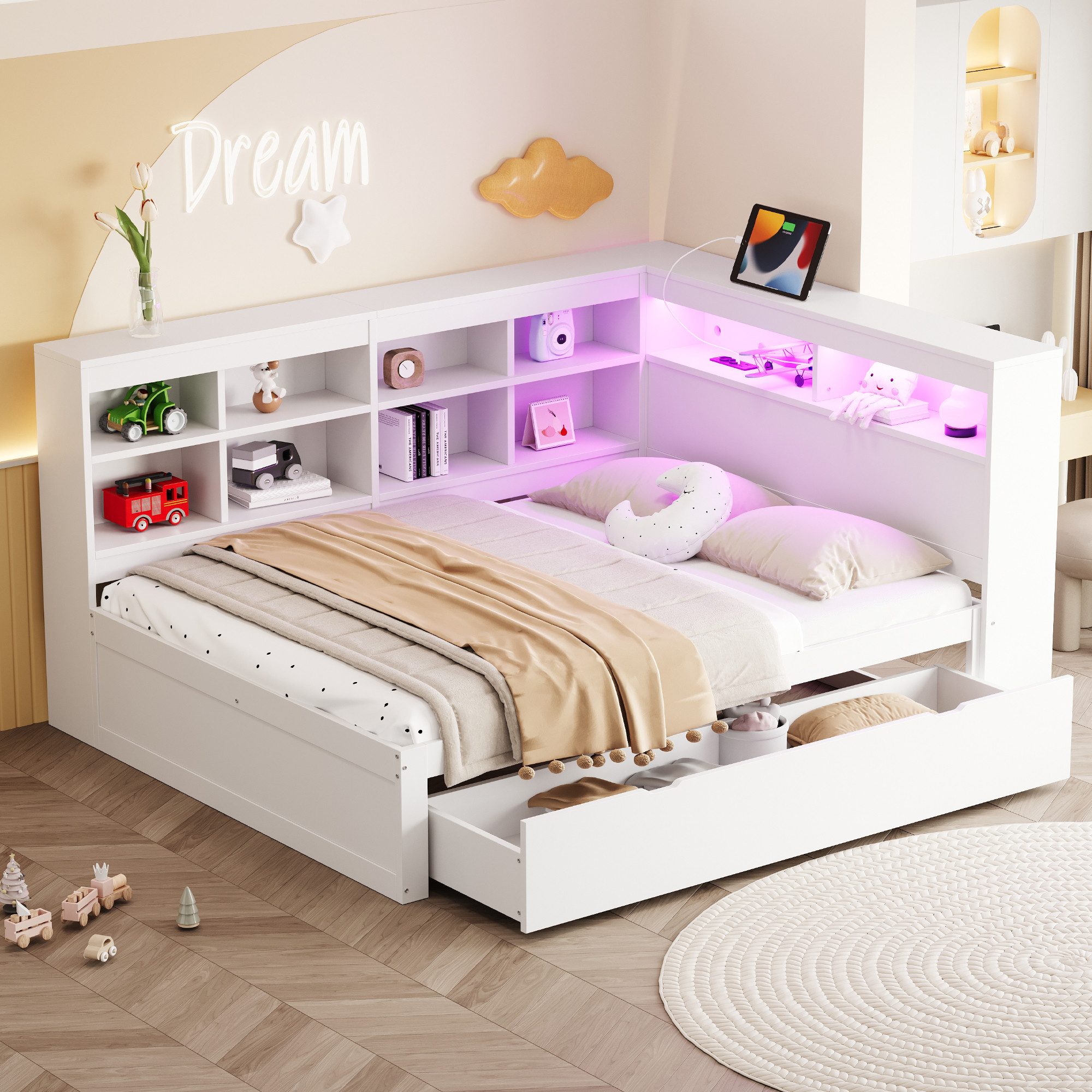 Merax Daybett mit LED-Leuchten, USB und Steckdose (Tagesbett Sofabett Kinderbett Jugendbett Einzelbett, 1 tlg), Massivholz-Schlafsofa 140x200cm mit Schubladen Regalen Ablagefächern