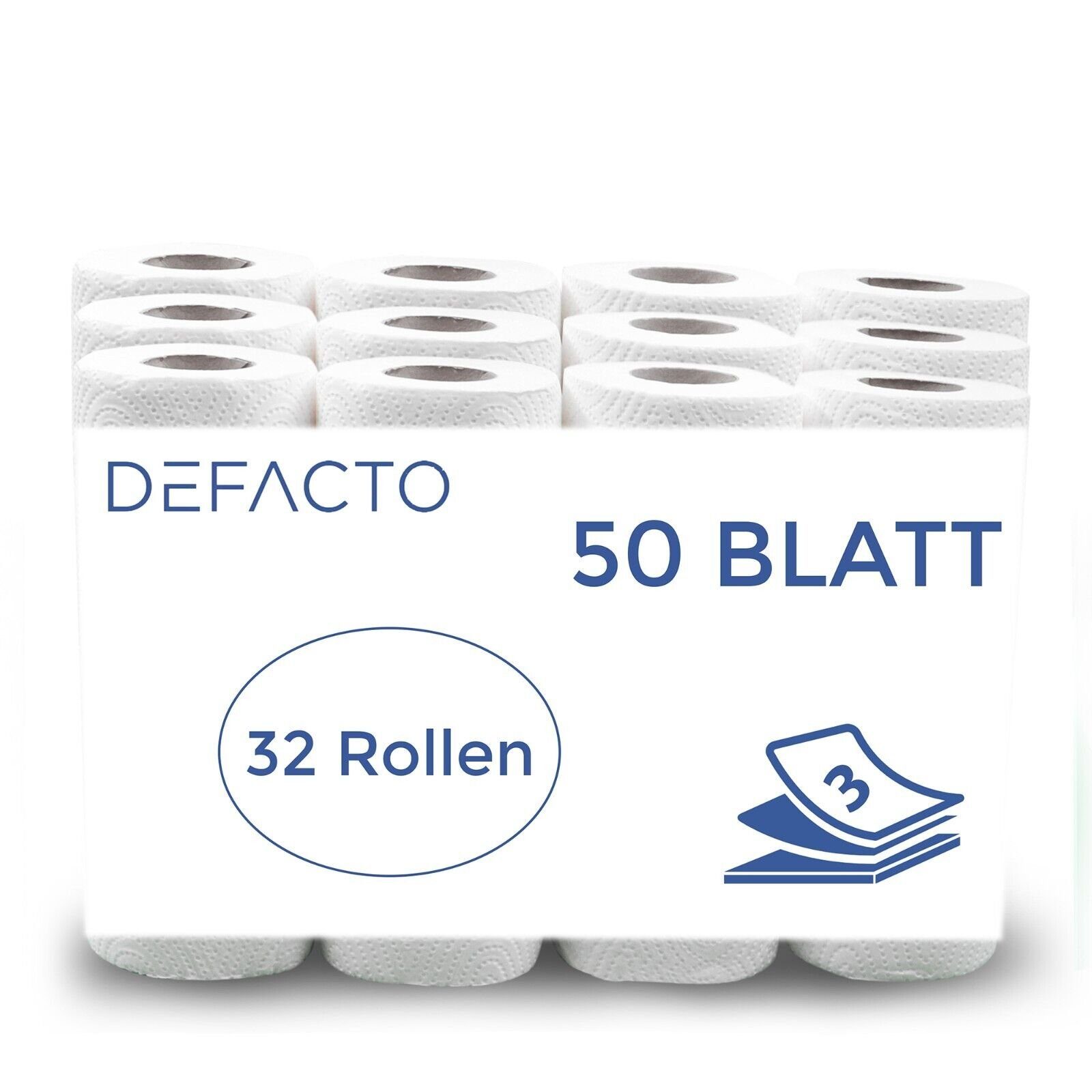 Defactoshop Papierküchenrolle 32 oder 64 Rollen Küchenrollen Küchenkrepp 3 lagig Zellstoff 50 Blatt (32-St)