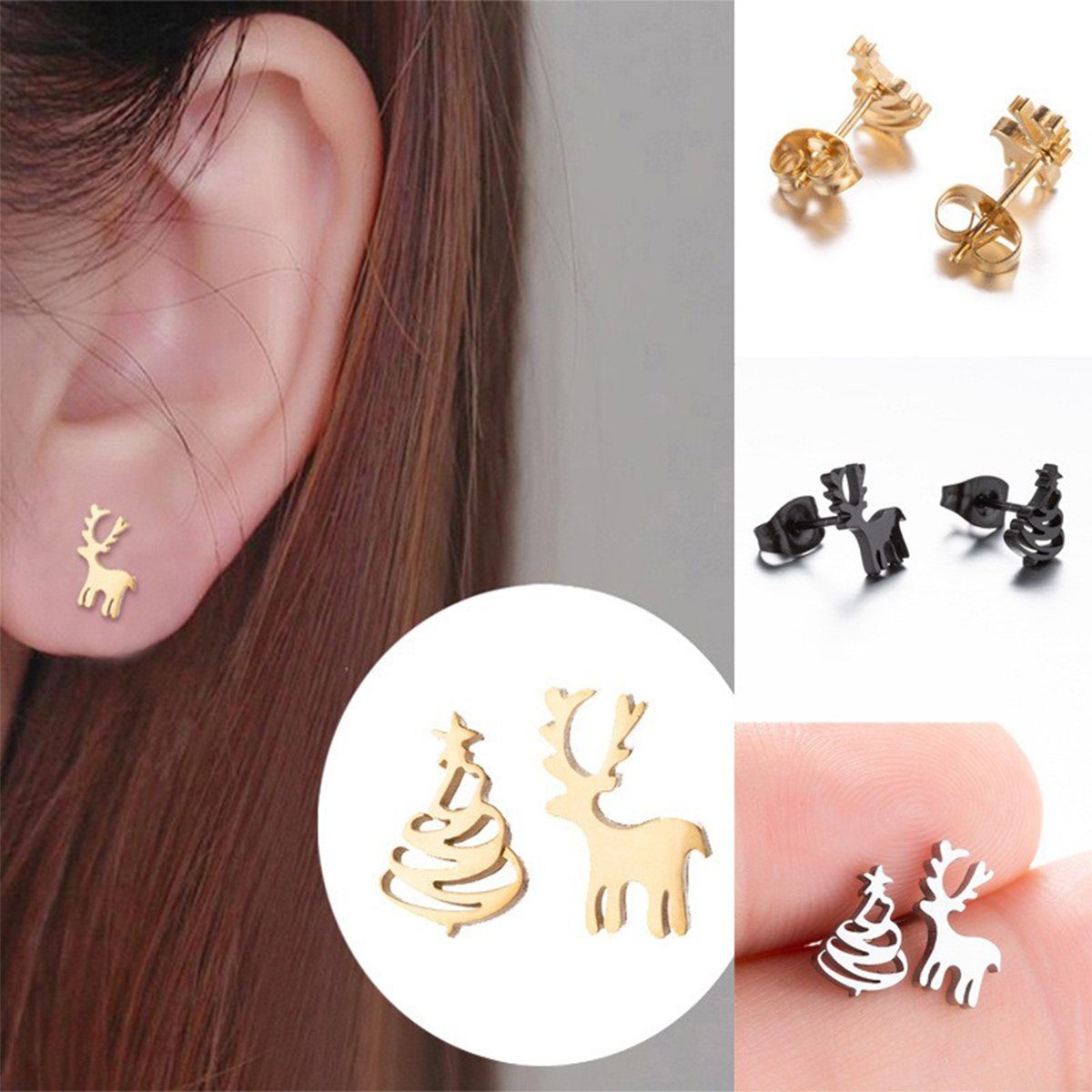 XDeer Ohrstecker-Set Ohrstecker Weihnachten für Mini RoseGold Ohrringe, Damen Piercing Edelstahl Elch Weihnachtsbaum Schmuck