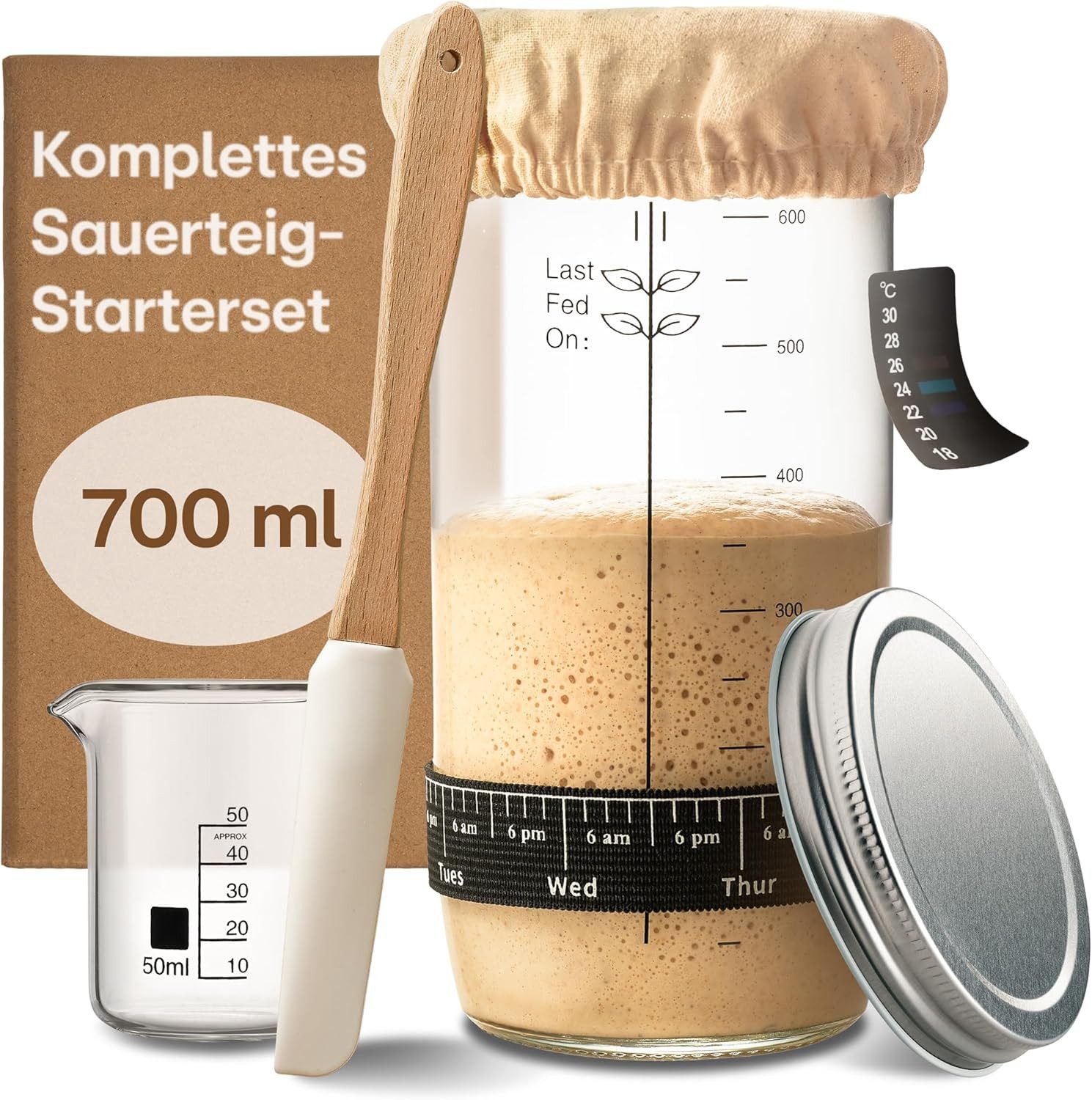 Praknu Fermentationsglas Sauerteig Starter Set aus Glas (700 ml) Komplett - Set mit Anleitung, Glas, Silikon, Baumwolle, Metall, (Starter Set, Komplett-Set für Sauerteigkultur), Plastikfrei, spülmaschinengeeignet, für Anfänger