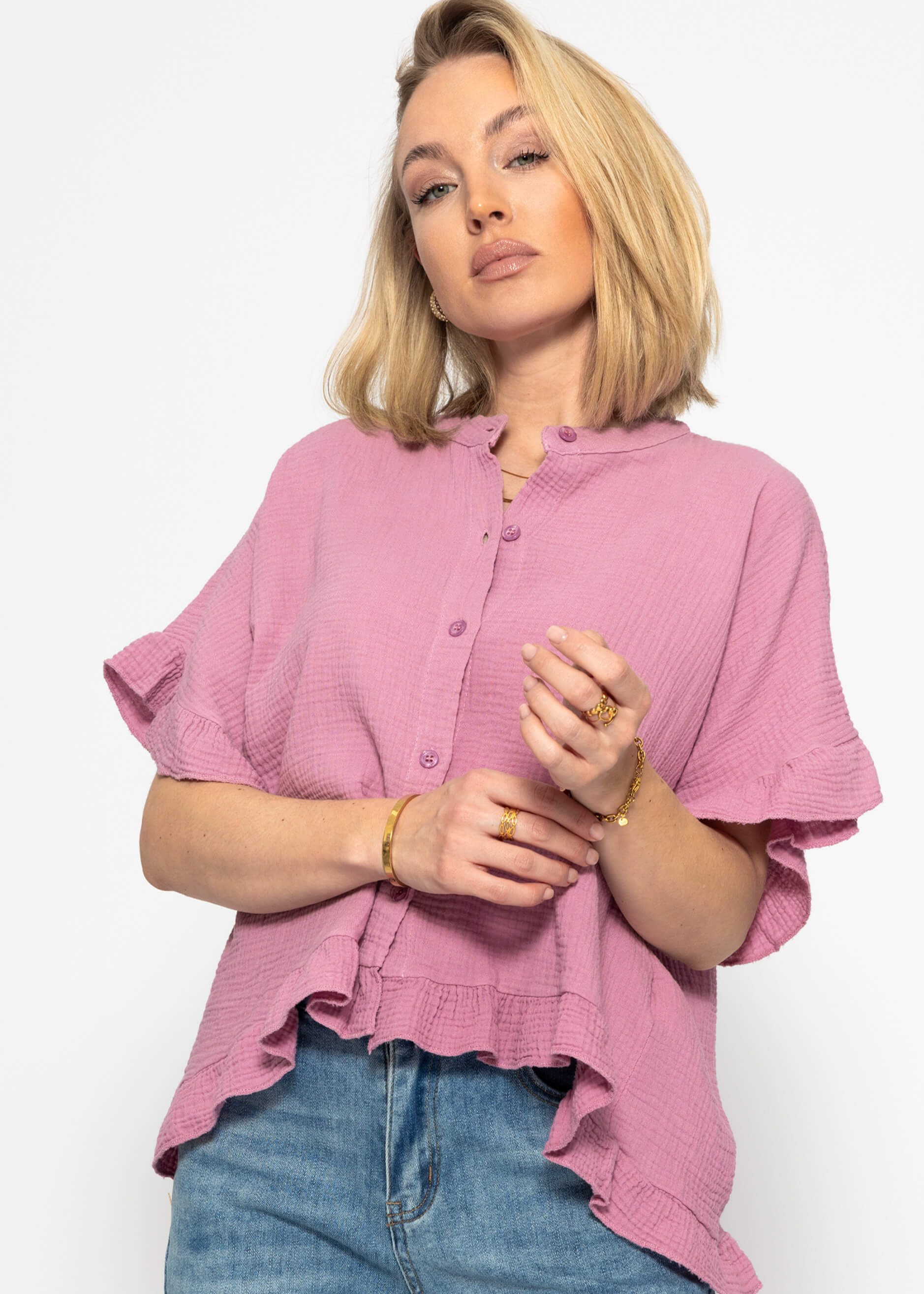 SASSYCLASSY Kurzarmbluse Oversize Musselin Hemdbluse Damen günstig online kaufen