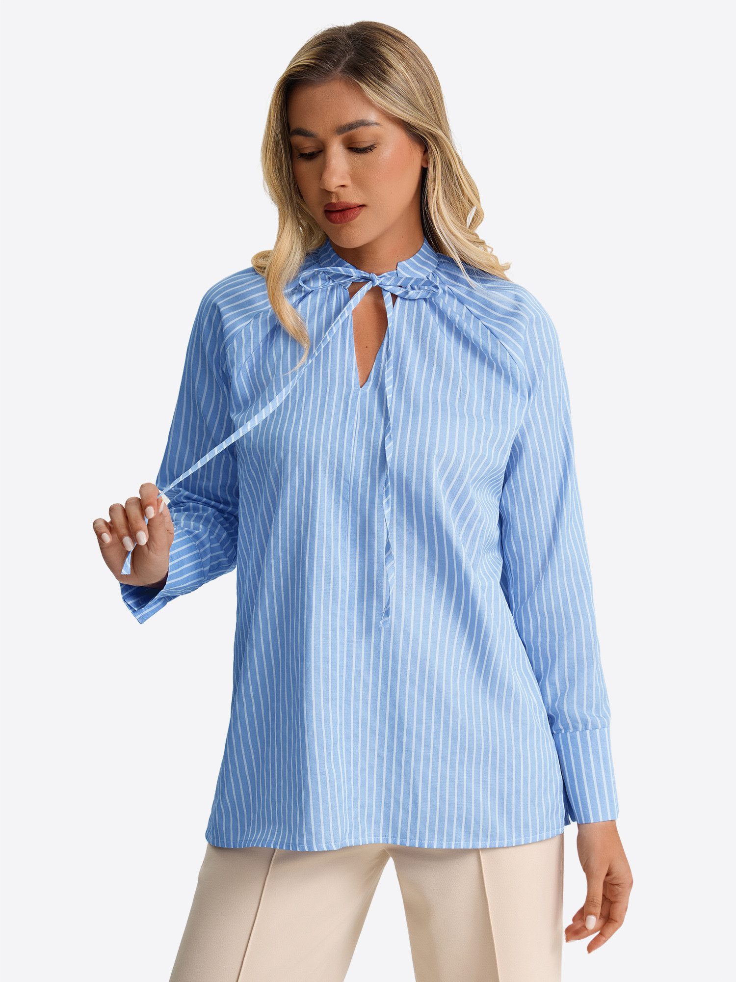 Imily Bela Blusentop Damen Langarm Bluse mit gebundenem Kragen und Streifenmuster (Packung, 1-tlg., 1per-Pack) Raglanärmel