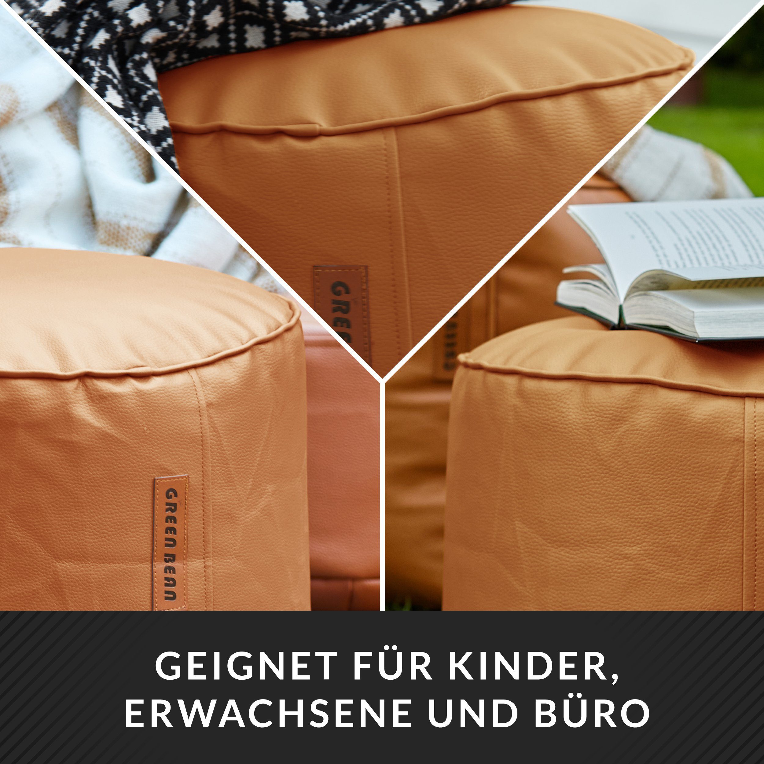 Green Bean Sitzsack Gaming mit Bag Couch (aus und Kunstleder, Dunkelbraun Indoor Lounge passenden Riesensitzsack Rückenlehne Outdoor Stay Hocker inkl. Kissen geeignet), Bean Pouf Kissen Chair