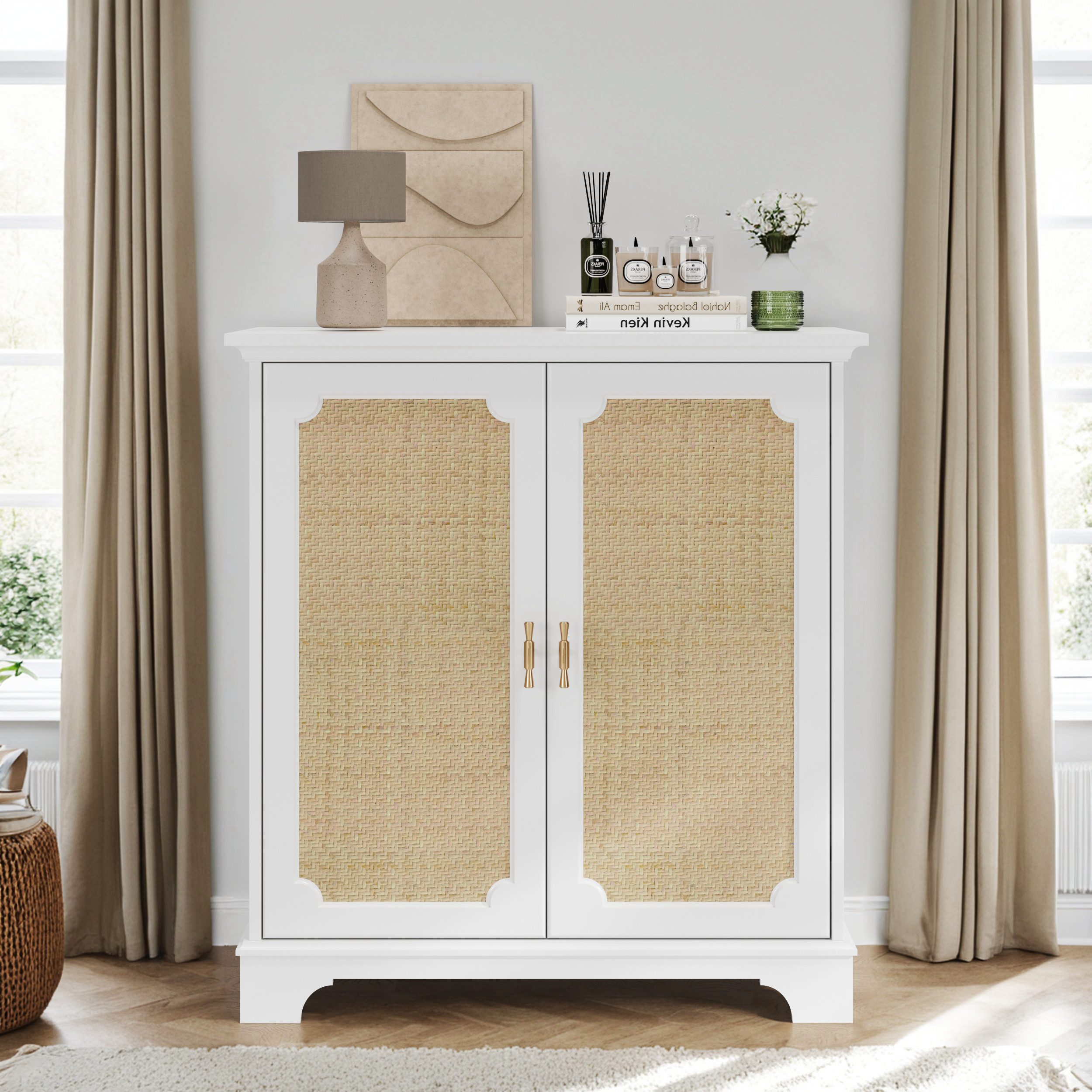 BBWL Stauraumschrank Rattan Türen Weiß MDF Buffet Weinschrank verstellbare Einlegeböden Sideboard, Konsolentisch Flur Wohnzimmer Stauraum