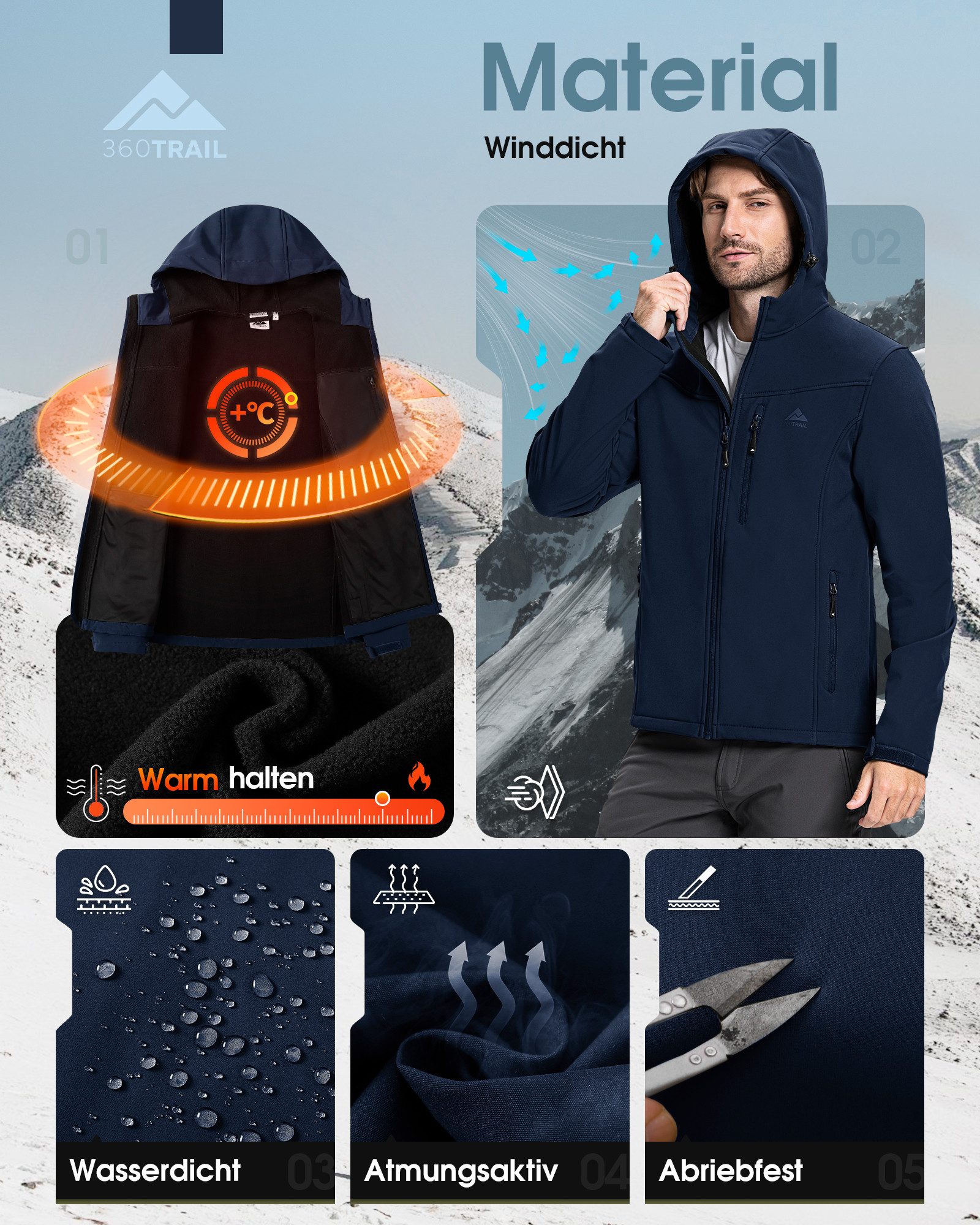 360Trail Outdoorjacke Softshelljacke Skayra wasserdichte winddichte Herren Übergangsjacke Microfleece-Innenfutter, atmungsaktiv, wasserdicht – Bild 3 von 5