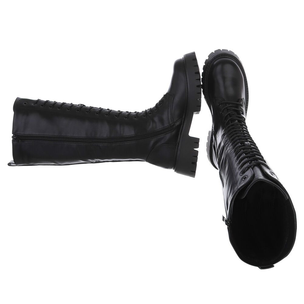 Ital-Design Kniehohe Schnürboots für Damen mit profilierter Laufsohle Plateaustiefel (91154518) Blockabsatz Stiefel in Schwarz