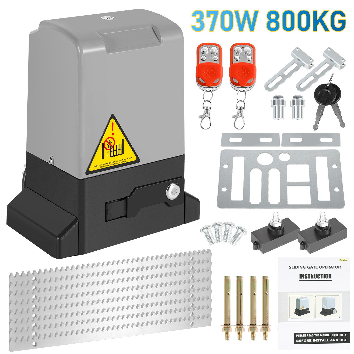 Clanmacy Schiebetorantrieb 370W Torantrieb Toröffner Motor 800kg Schiebetor Antrieb Komplett-Set, mit Gleitschiene, (IP44 wasserdicht, mit 2 orangen Schlüssel und 1 Fernbedienung), Betriebene Türen Eisenwaren