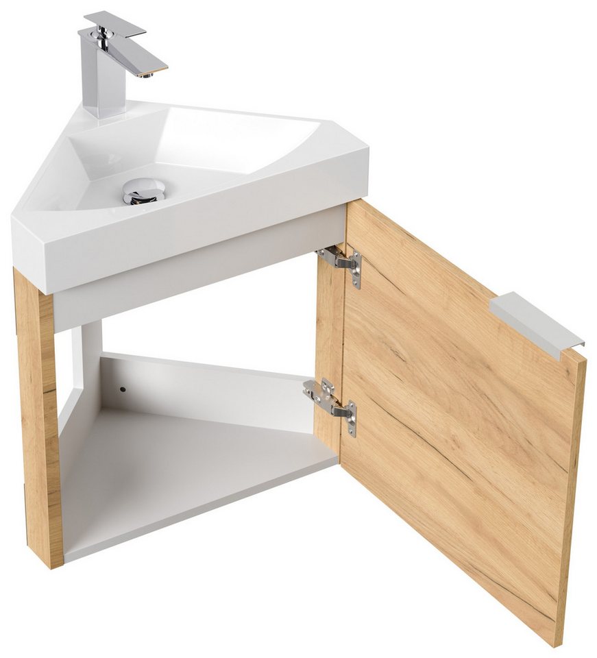 Thumbnail - Magnolia Home Waschtisch Gäste WC Eckbadmöbel Diamant Slimline Gästebad SoftClose eiche gold