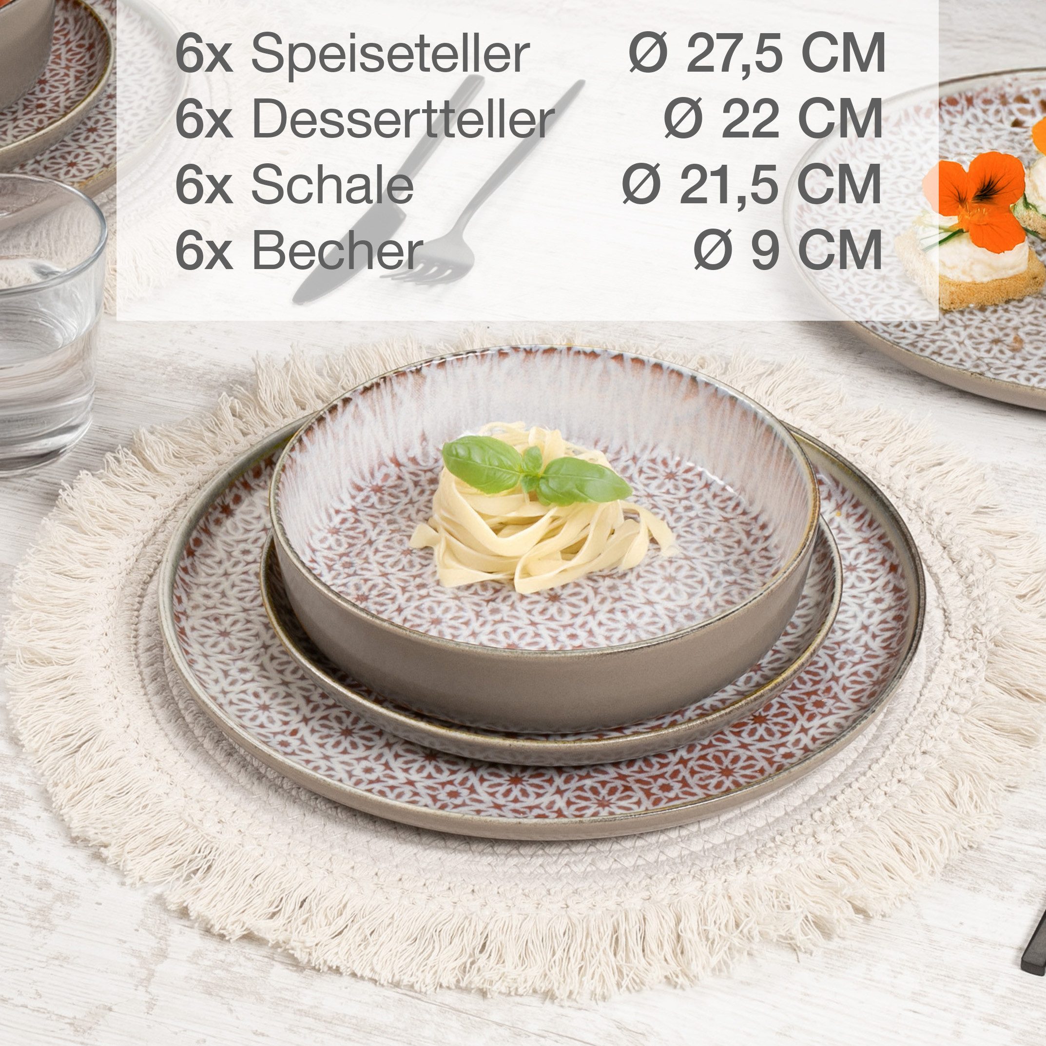 Moritz & Moritz Kombiservice ALHAMBRA Geschirrset mit Tassen Mousse (24-tlg), 6 Personen, Porzellan, Spülmaschinengeeignet & Mikrowellensicher