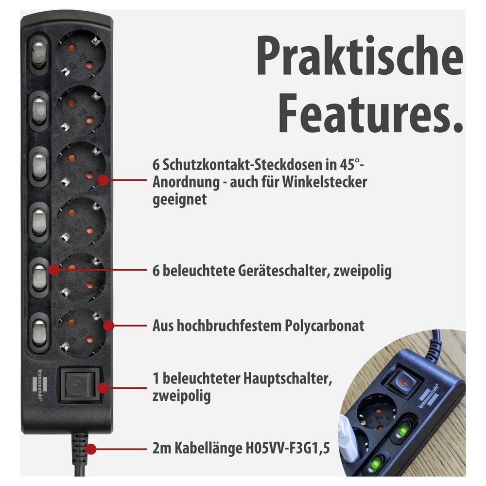 Brennenstuhl Steckdosenleiste einzeln schaltbar 6-fach 2m 1153110116 Steckdosenleiste, einzeln schaltbar, erhöhter Berührungsschutz, mit Schalter – Bild 3 von 5