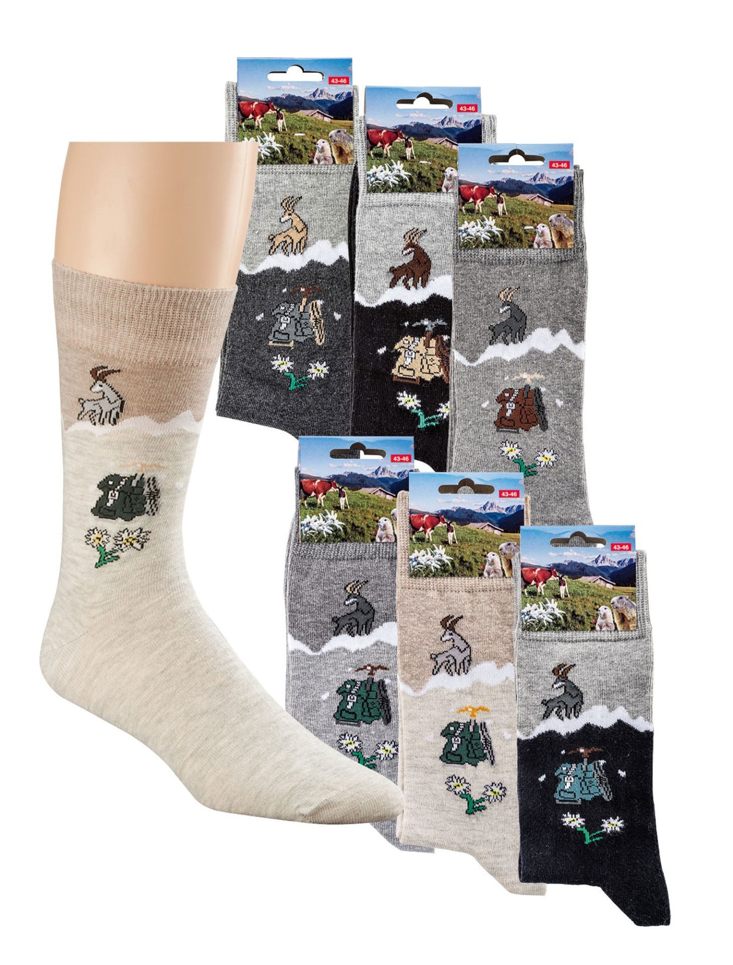 TippTexx 24 Freizeitsocken 6 Paar SOCKENGAUDI Motiv-Socken Baumwoll Socken Berg-Motive Unisex (6 Paar) aufwändig handgekettelte Naht, breites Komfortbündchen