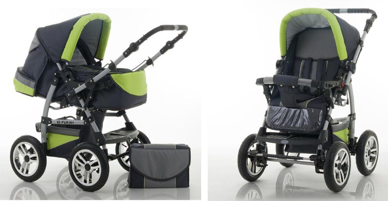 babies-on-wheels Kombi-Kinderwagen 5 in 1 18 Anthrazit-Grün in Farben Kinderwagen-Set inkl. Flash Autositz - - 17 Teile