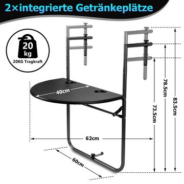 Bettizia Balkonhängetisch Balkontisch 84x60x64cm Gartentisch Balkon für Balkonhängetisch Schwarz (Höhenverstellbarer Balkonhängetisch, 1 Tisch), Breite 60cm