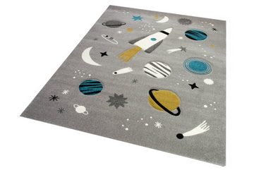 Kinderteppich Kinderteppich Weltraum Lernteppich mit Raumschiff Sternen und Planeten in Grau, Teppich-Traum, rechteckig, Höhe: 13 mm