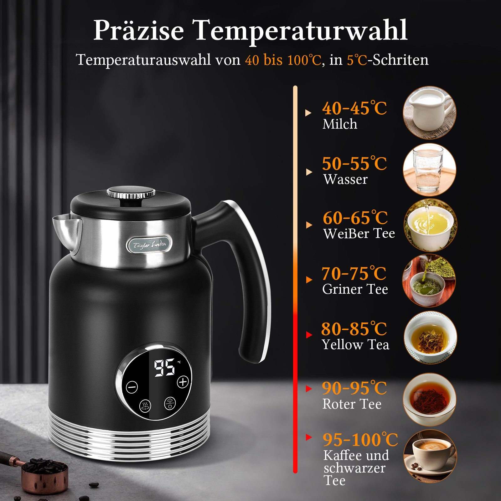 Taylor Swoden Wasserkocher Temperatureinstellung, 2200 W, 1,7 L/2L, Warmhaltefunktion, Edelstahl, 2 l, 2200,00 W, 5 Temperaturstufen, Digitale LED-Anzeige, Auto – Bild 3 von 5